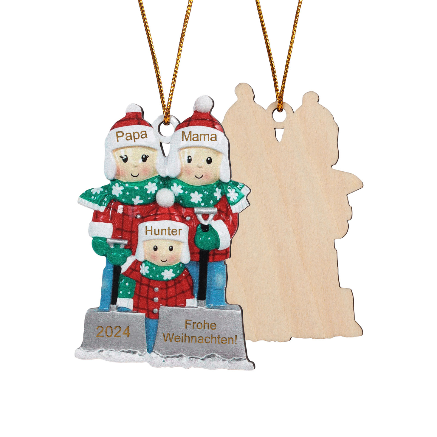Holz Personalisierter Text & 3-6 Namen & Jahr Weihnachtsornament – Familie beim Schneeballschlacht Holz-Anhänger