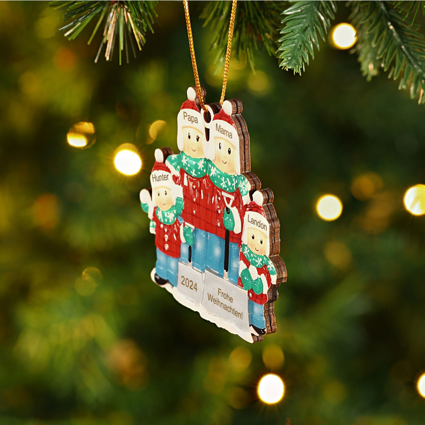 Holz Personalisierter Text & 3-6 Namen & Jahr Weihnachtsornament – Familie beim Schneeballschlacht Holz-Anhänger