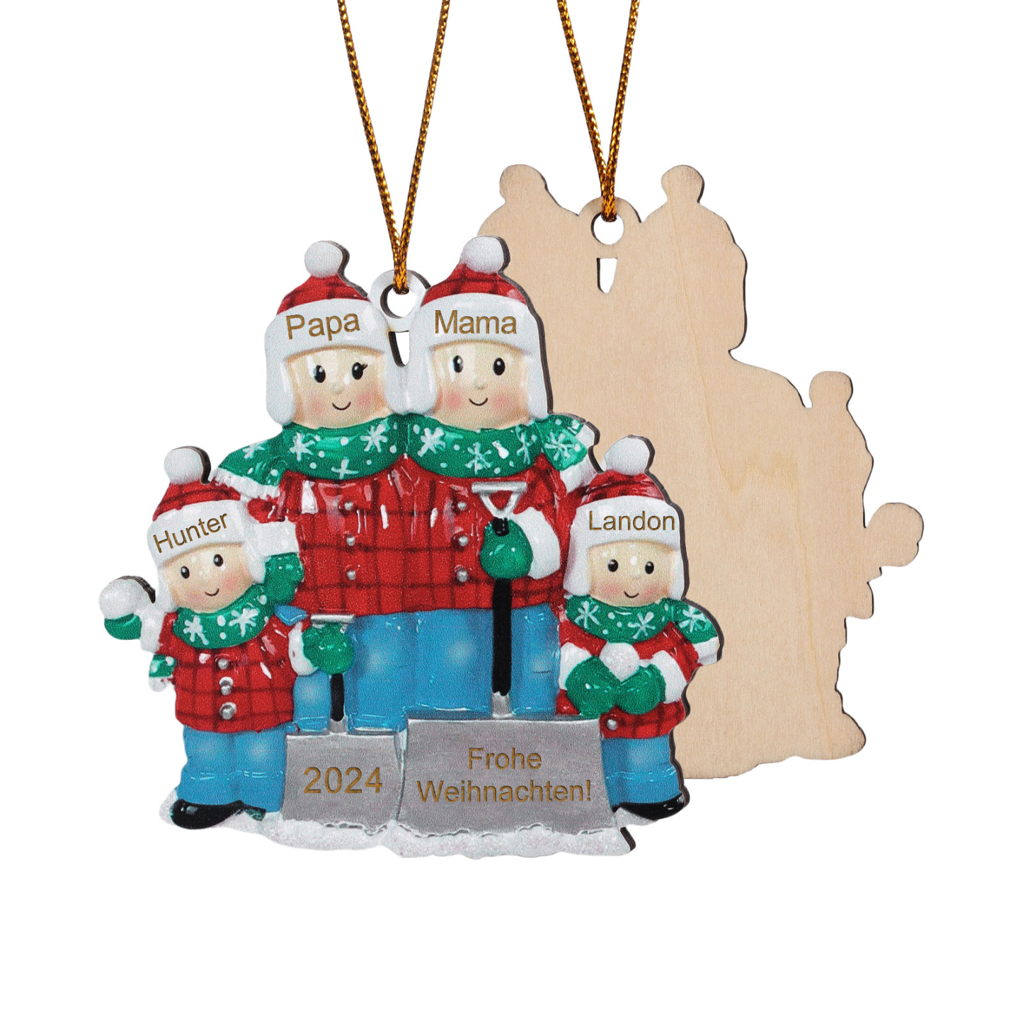 Holz Personalisierter Text & 3-6 Namen & Jahr Weihnachtsornament – Familie beim Schneeballschlacht Holz-Anhänger