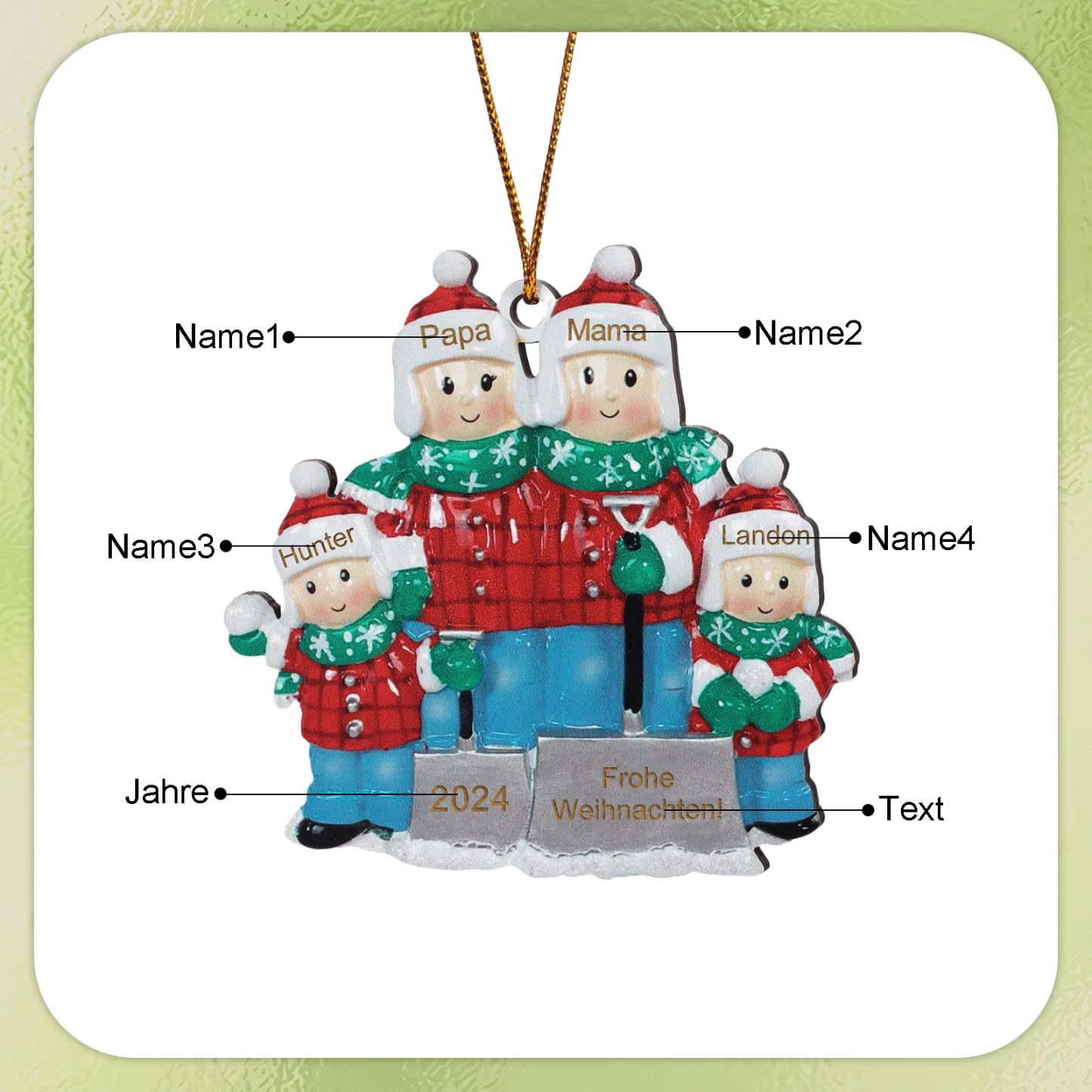Holz Personalisierter Text & 3-6 Namen & Jahr Weihnachtsornament – Familie beim Schneeballschlacht Holz-Anhänger