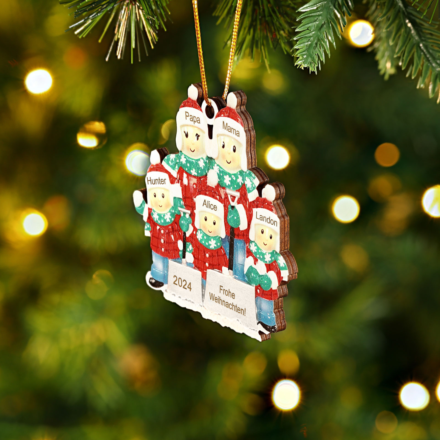 Holz Personalisierter Text & 3-6 Namen & Jahr Weihnachtsornament – Familie beim Schneeballschlacht Holz-Anhänger