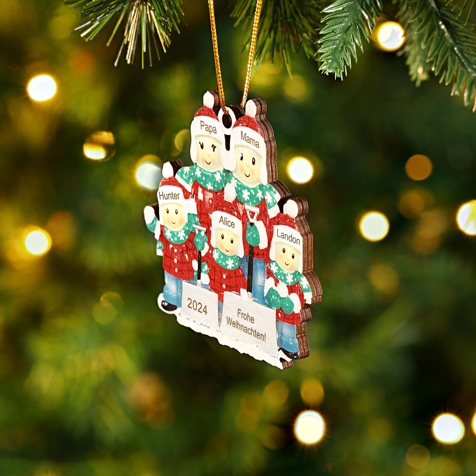 Holz Personalisierter Text & 3-6 Namen & Jahr Weihnachtsornament – Familie beim Schneeballschlacht Holz-Anhänger