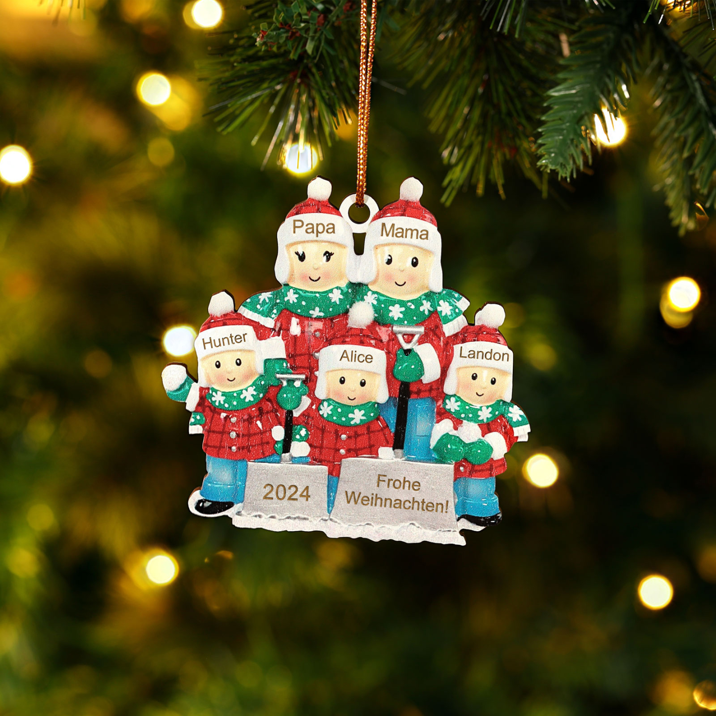 Holz Personalisierter Text & 3-6 Namen & Jahr Weihnachtsornament – Familie beim Schneeballschlacht Holz-Anhänger 