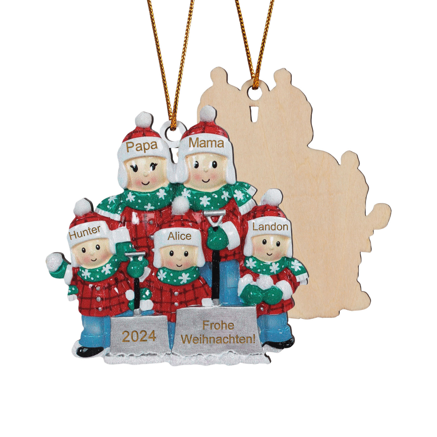 Holz Personalisierter Text & 3-6 Namen & Jahr Weihnachtsornament – Familie beim Schneeballschlacht Holz-Anhänger