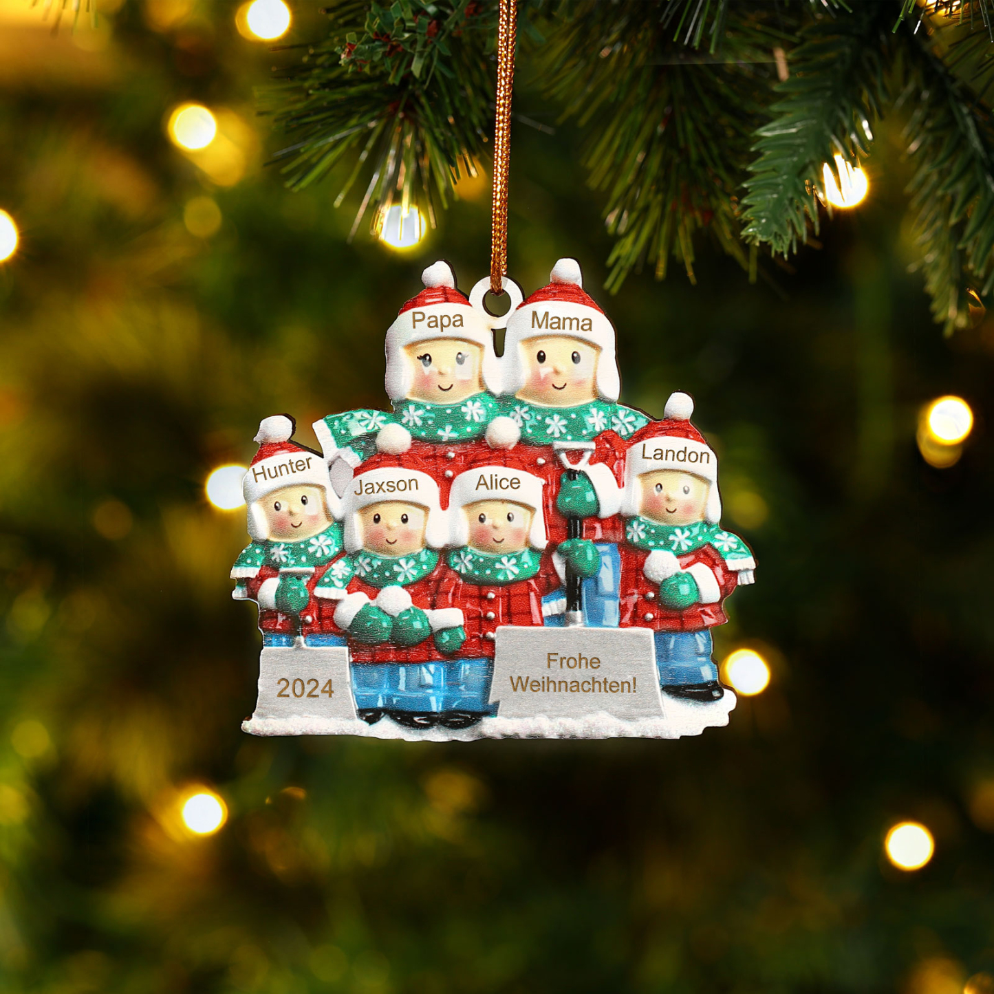 Holz Personalisierter Text & 3-6 Namen & Jahr Weihnachtsornament – Familie beim Schneeballschlacht Holz-Anhänger