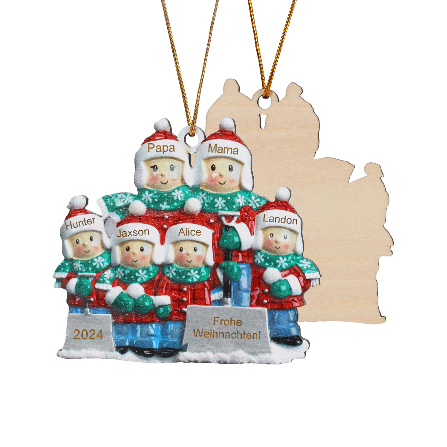 Holz Personalisierter Text & 3-6 Namen & Jahr Weihnachtsornament – Familie beim Schneeballschlacht Holz-Anhänger