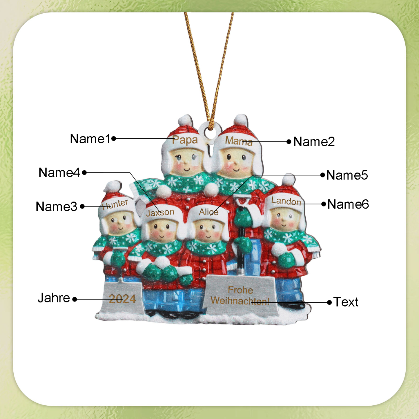 Holz Personalisierter Text & 3-6 Namen & Jahr Weihnachtsornament – Familie beim Schneeballschlacht Holz-Anhänger