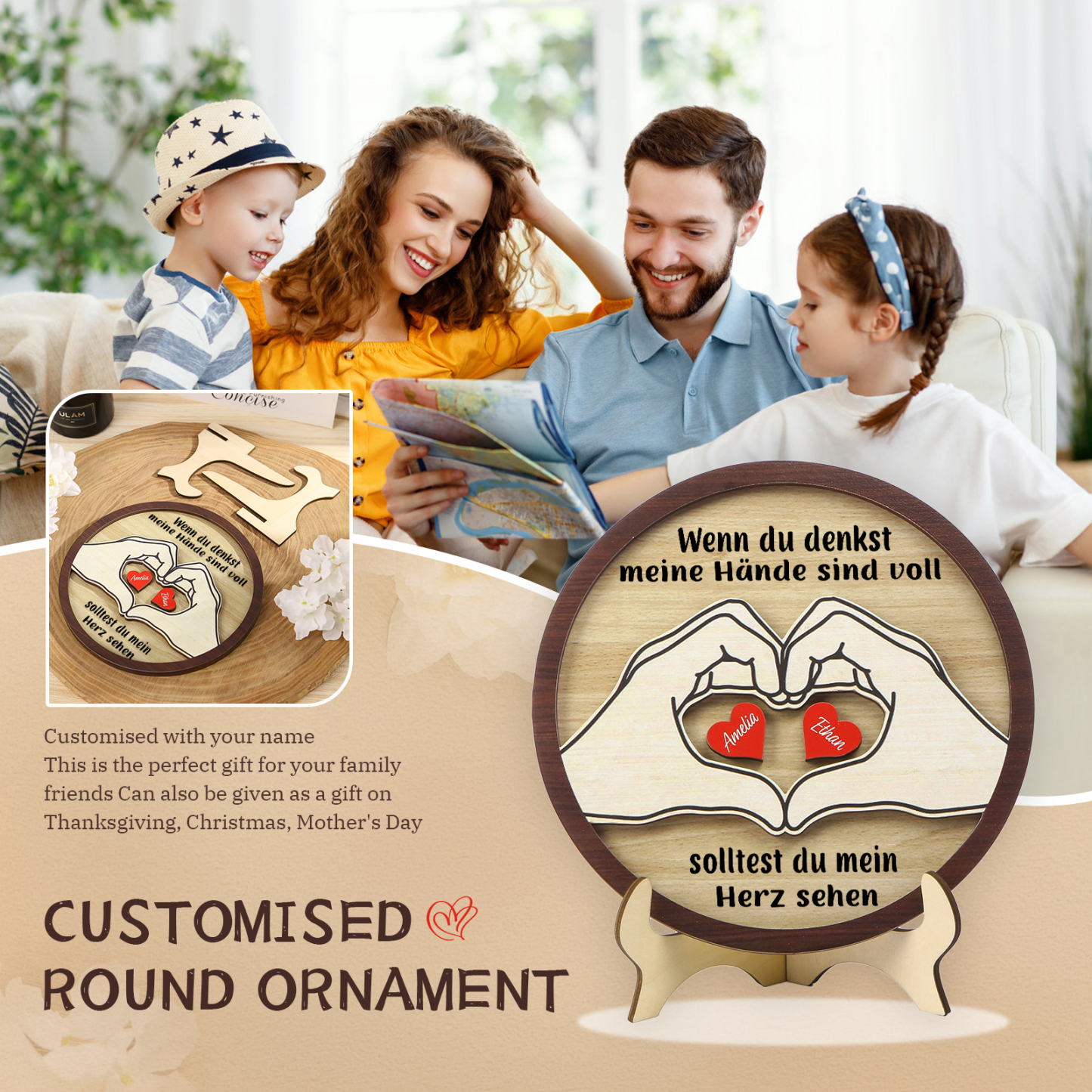 Personalisierte 2-5 Namen & 2 Texte Holz Runderdeko mit Herzhand-Geste - Wenn du denkst, meine Hände sind voll, solltest du mein Herz sehen - Familiendekoration