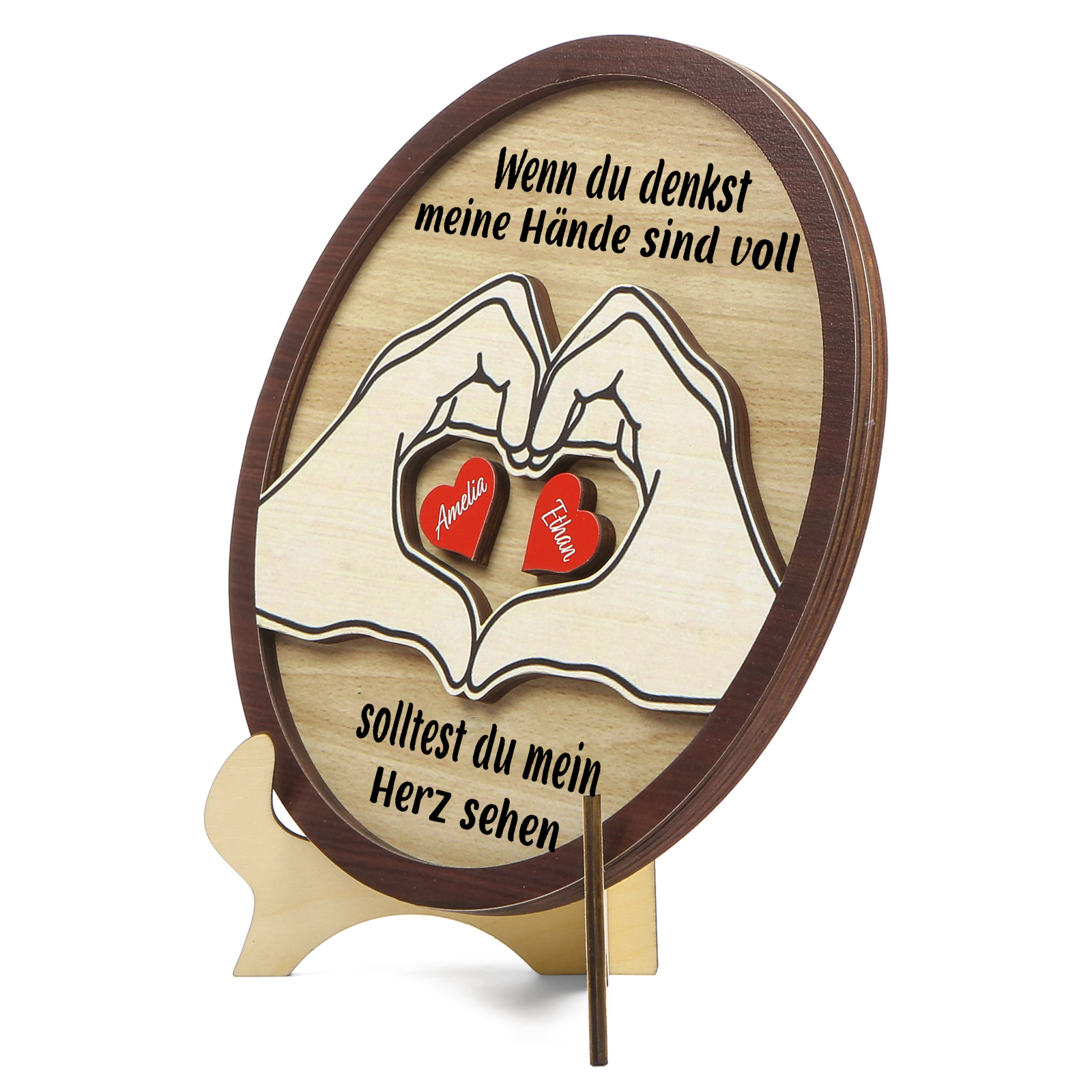 Personalisierte 2-5 Namen & 2 Texte Holz Runderdeko mit Herzhand-Geste - Wenn du denkst, meine Hände sind voll, solltest du mein Herz sehen - Familiendekoration