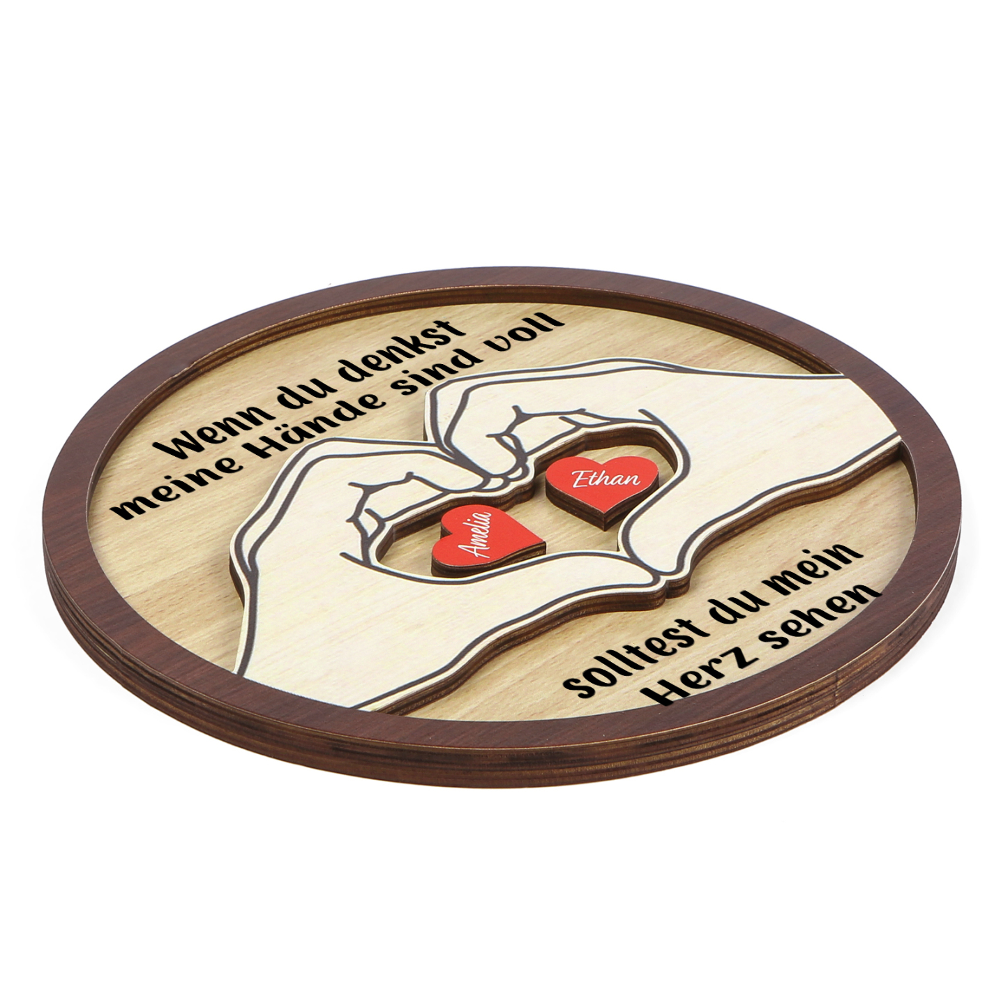 Personalisierte 2-5 Namen & 2 Texte Holz Runderdeko mit Herzhand-Geste - Wenn du denkst, meine Hände sind voll, solltest du mein Herz sehen - Familiendekoration