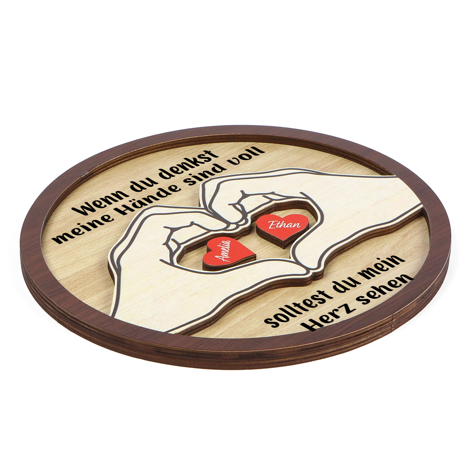 Personalisierte 2-5 Namen & 2 Texte Holz Runderdeko mit Herzhand-Geste - Wenn du denkst, meine Hände sind voll, solltest du mein Herz sehen - Familiendekoration