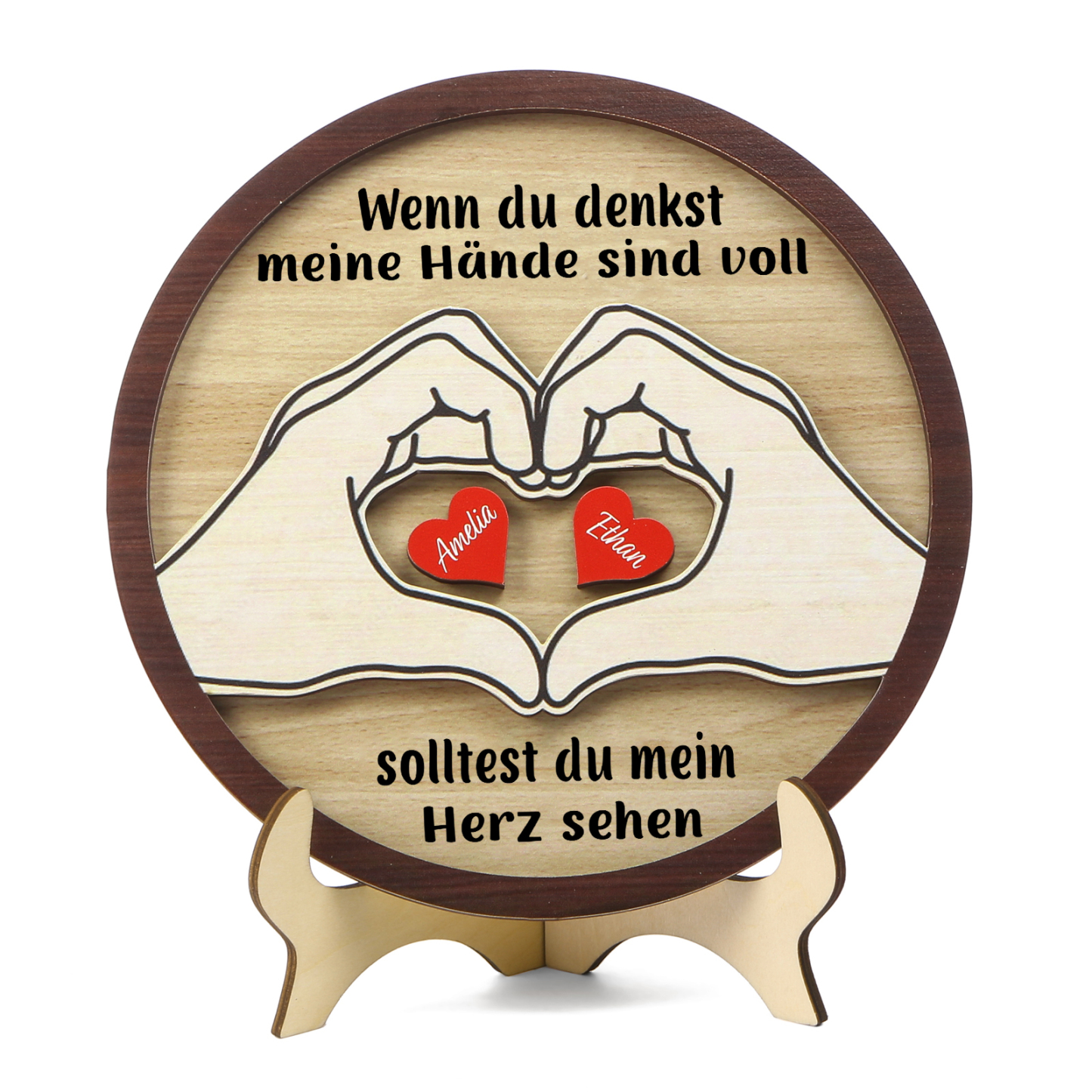 Personalisierte 2-5 Namen & 2 Texte Holz Runderdeko mit Herzhand-Geste - Wenn du denkst, meine Hände sind voll, solltest du mein Herz sehen - Familiendekoration