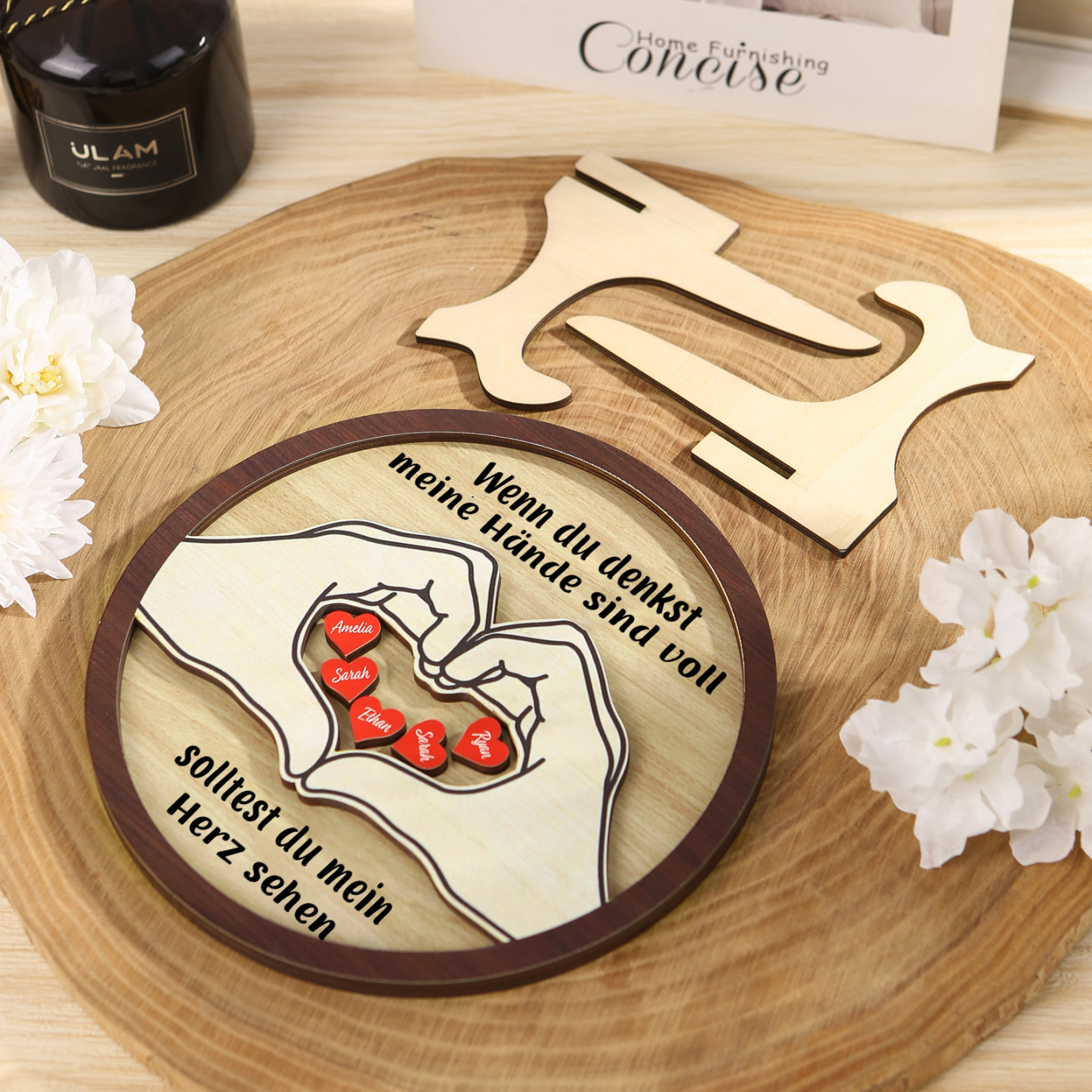 Personalisierte 2-5 Namen & 2 Texte Holz Runderdeko mit Herzhand-Geste - Wenn du denkst, meine Hände sind voll, solltest du mein Herz sehen - Familiendekoration