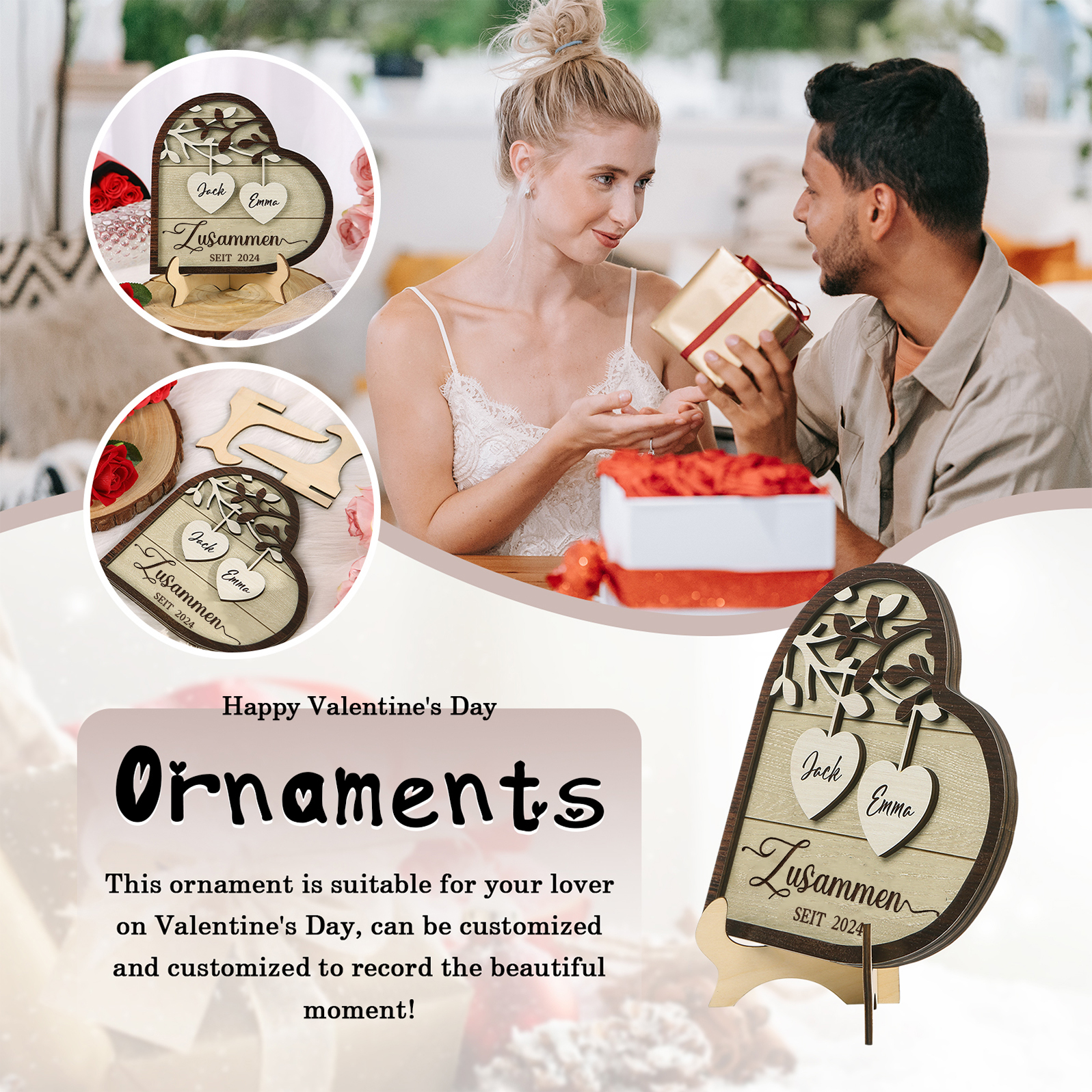 Personalisierte 2 Namen & Jahr Holz Ornament- Zusammen seit-Herz Schreibdekoration für Paar