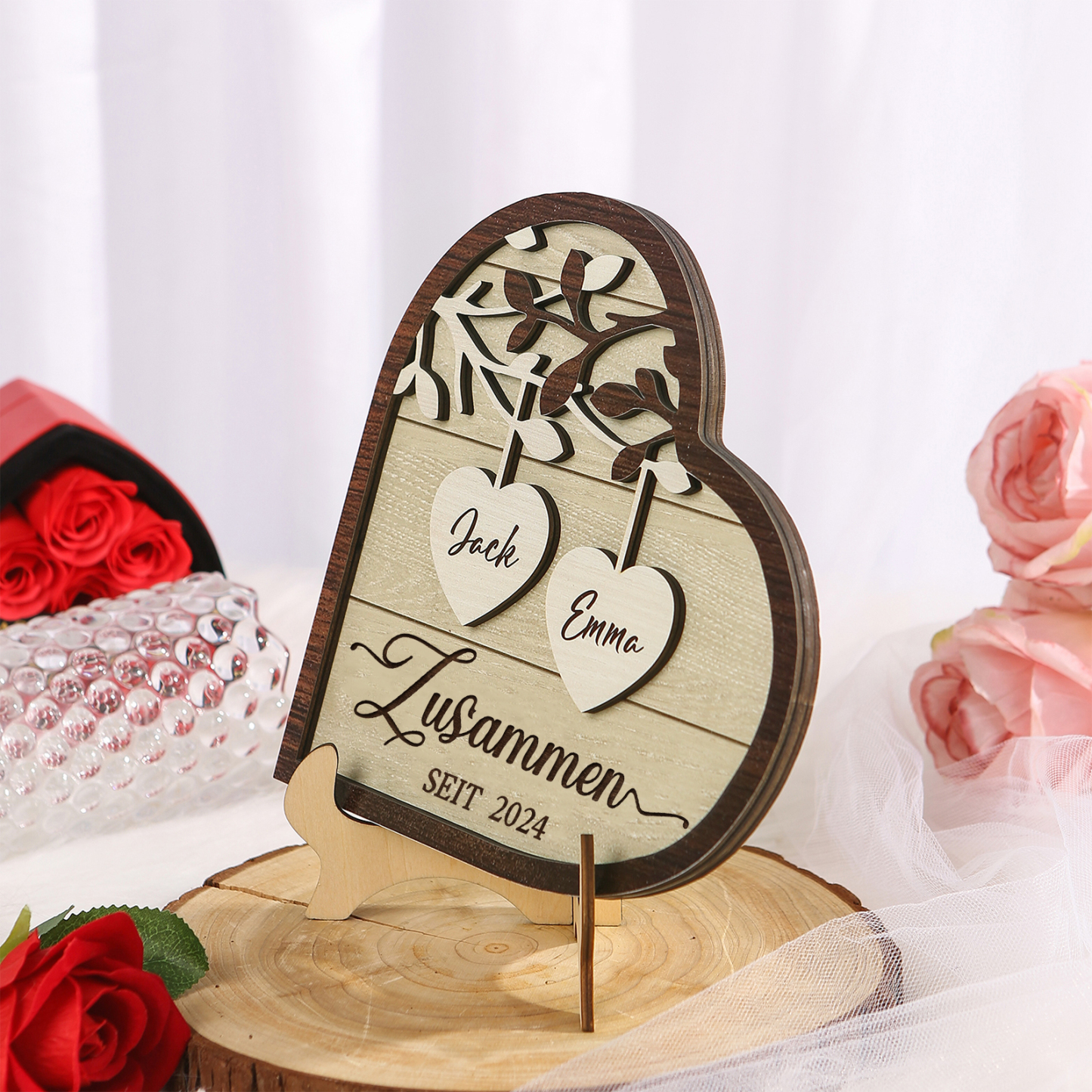 Personalisierte 2 Namen & Jahr Holz Ornament- Zusammen seit-Herz Schreibdekoration für Paar