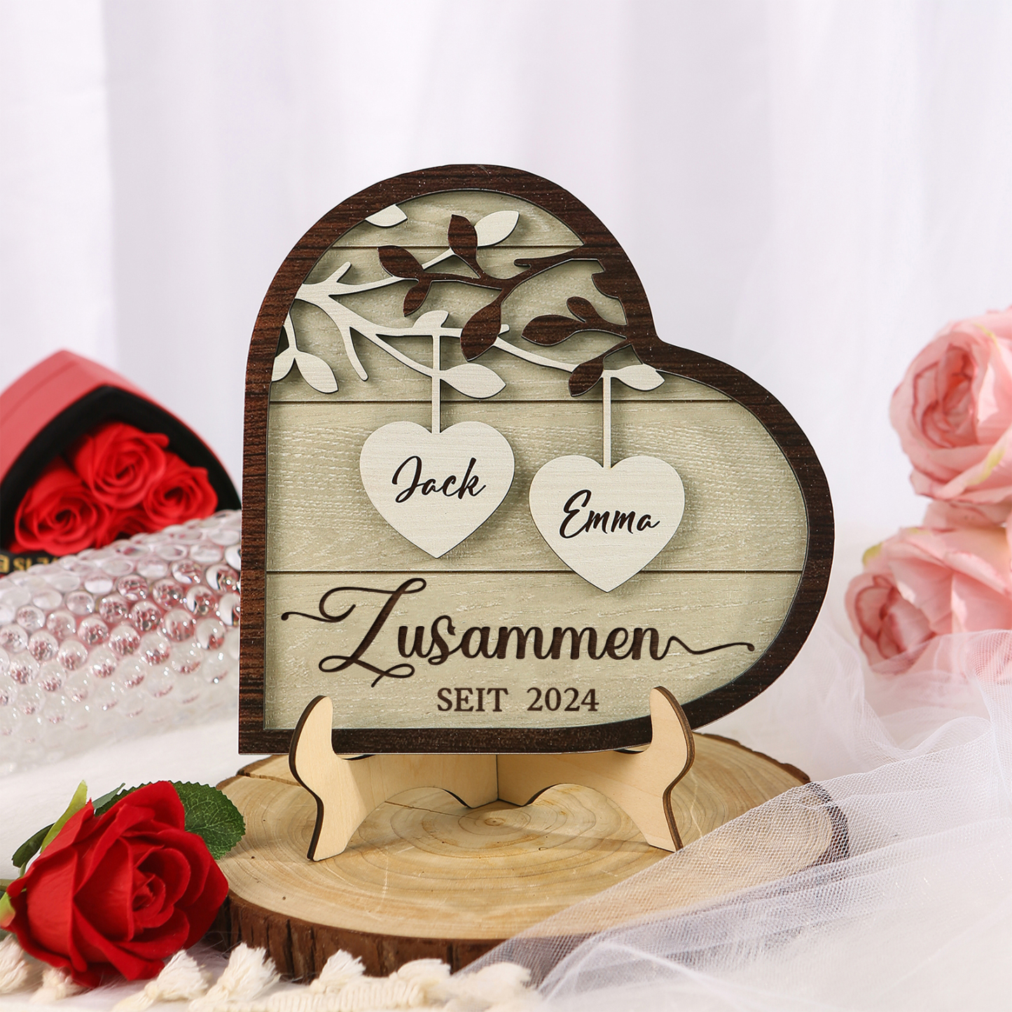 Personalisierte 2 Namen & Jahr Holz Ornament- Zusammen seit-Herz Schreibdekoration für Paar