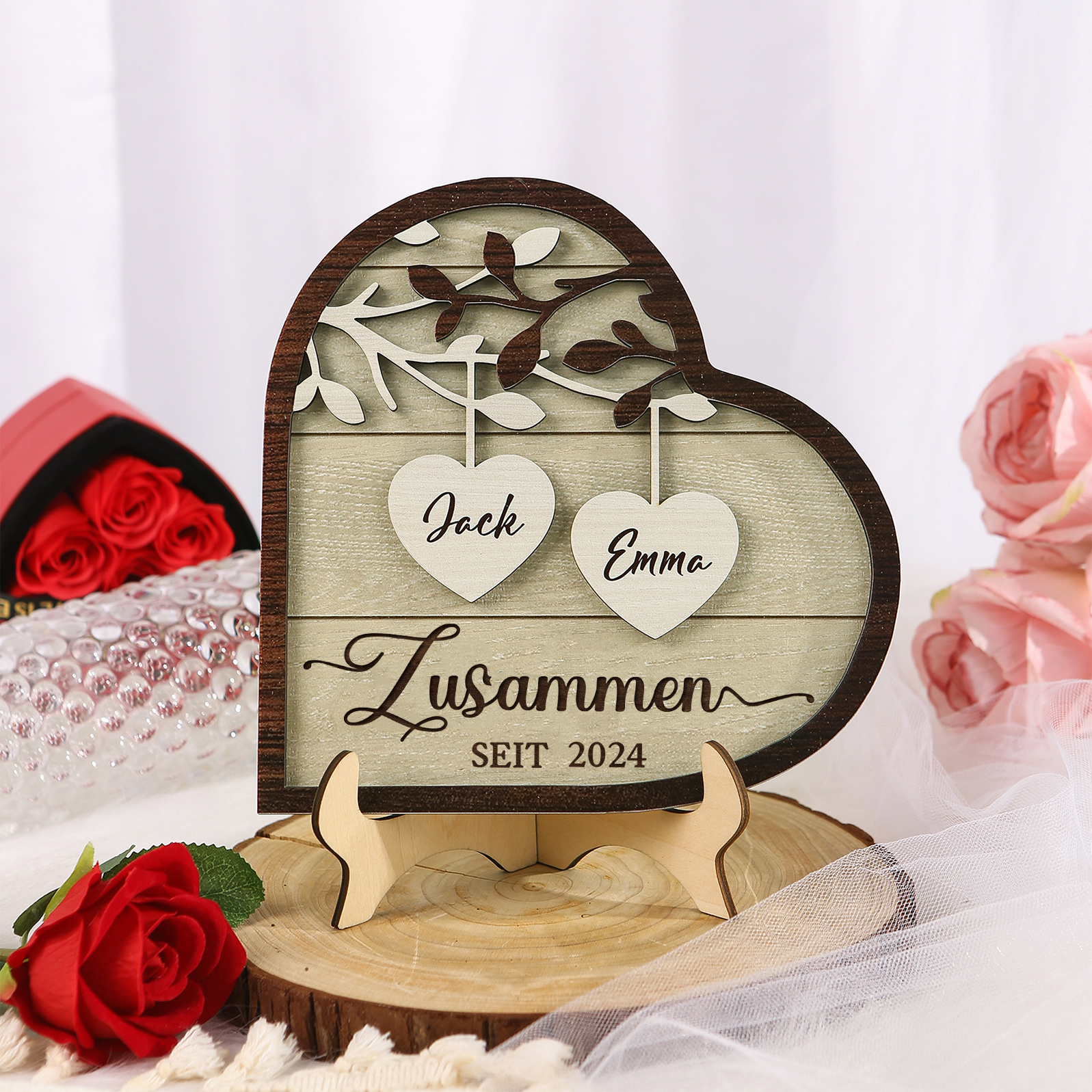 Personalisierte 2 Namen & Jahr Holz Ornament- Zusammen seit-Herz Schreibdekoration für Paar