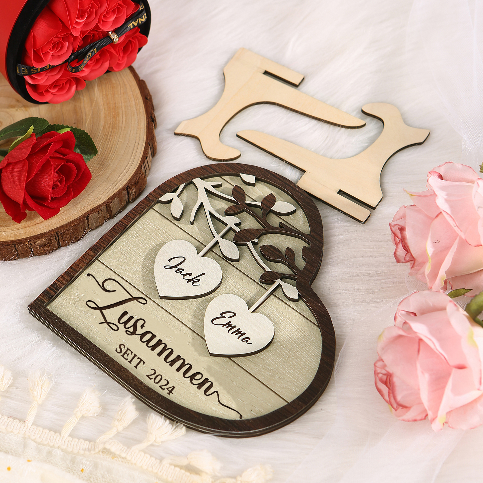 Personalisierte 2 Namen & Jahr Holz Ornament- Zusammen seit-Herz Schreibdekoration für Paar