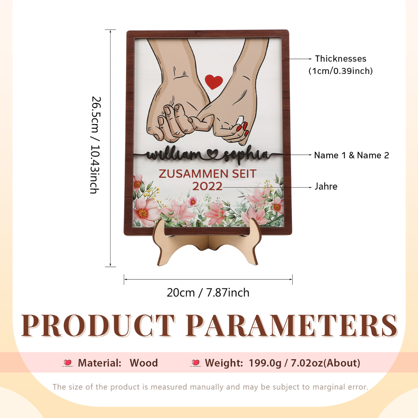 Personalisierte 2 Namen & Jahr Hand in Hand Holz-Ornament - Zusammen seit - Schreibdekoration für Paare