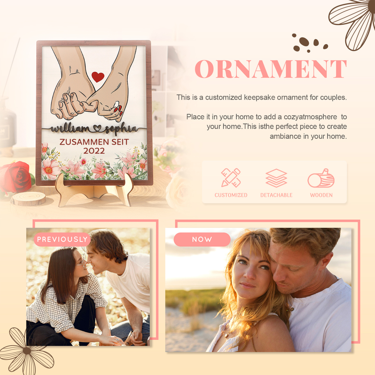 Personalisierte 2 Namen & Jahr Hand in Hand Holz-Ornament - Zusammen seit - Schreibdekoration für Paare