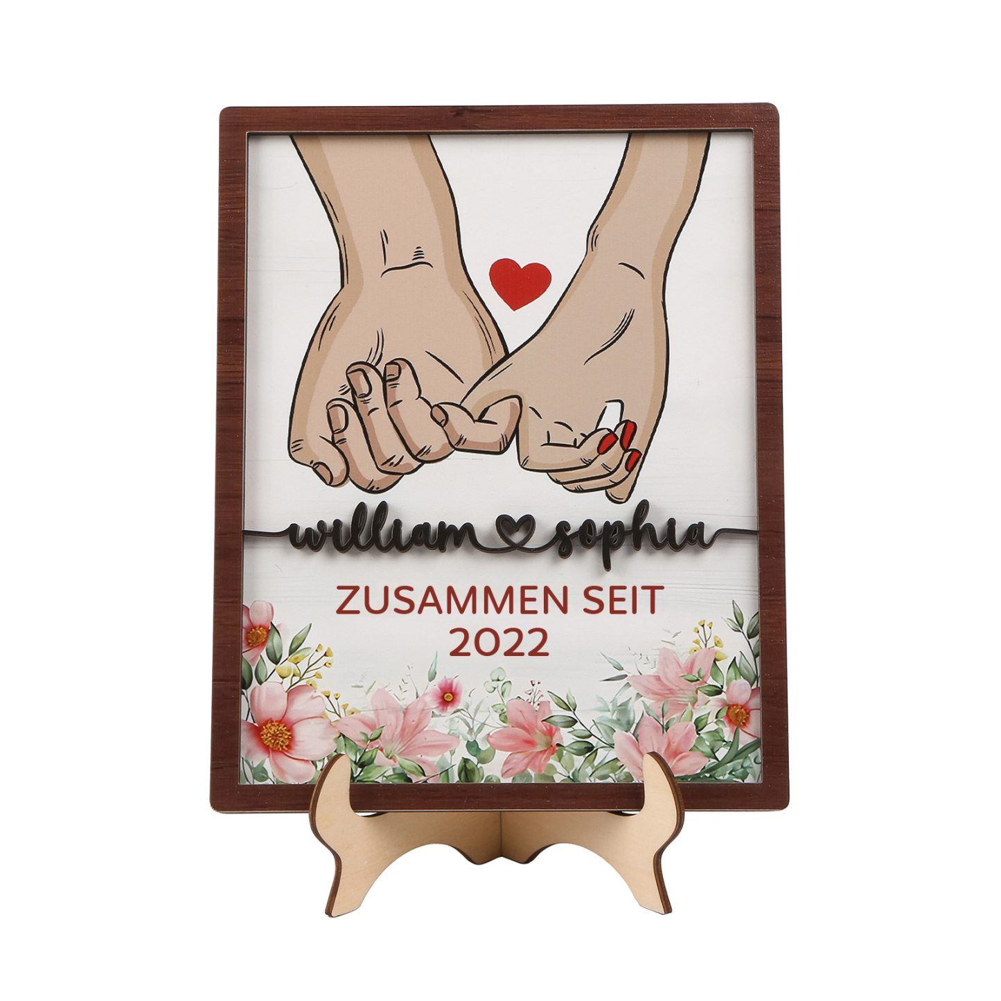 Personalisierte 2 Namen & Jahr Hand in Hand Holz-Ornament - Zusammen seit - Schreibdekoration für Paare