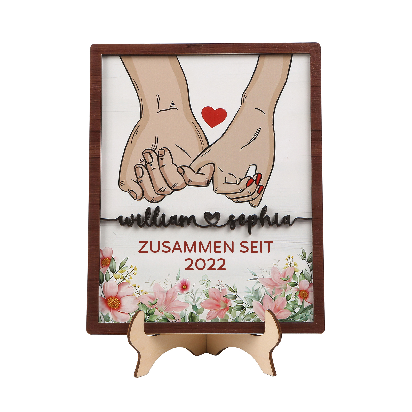 Personalisierte 2 Namen & Jahr Hand in Hand Holz-Ornament - Zusammen seit - Schreibdekoration für Paare