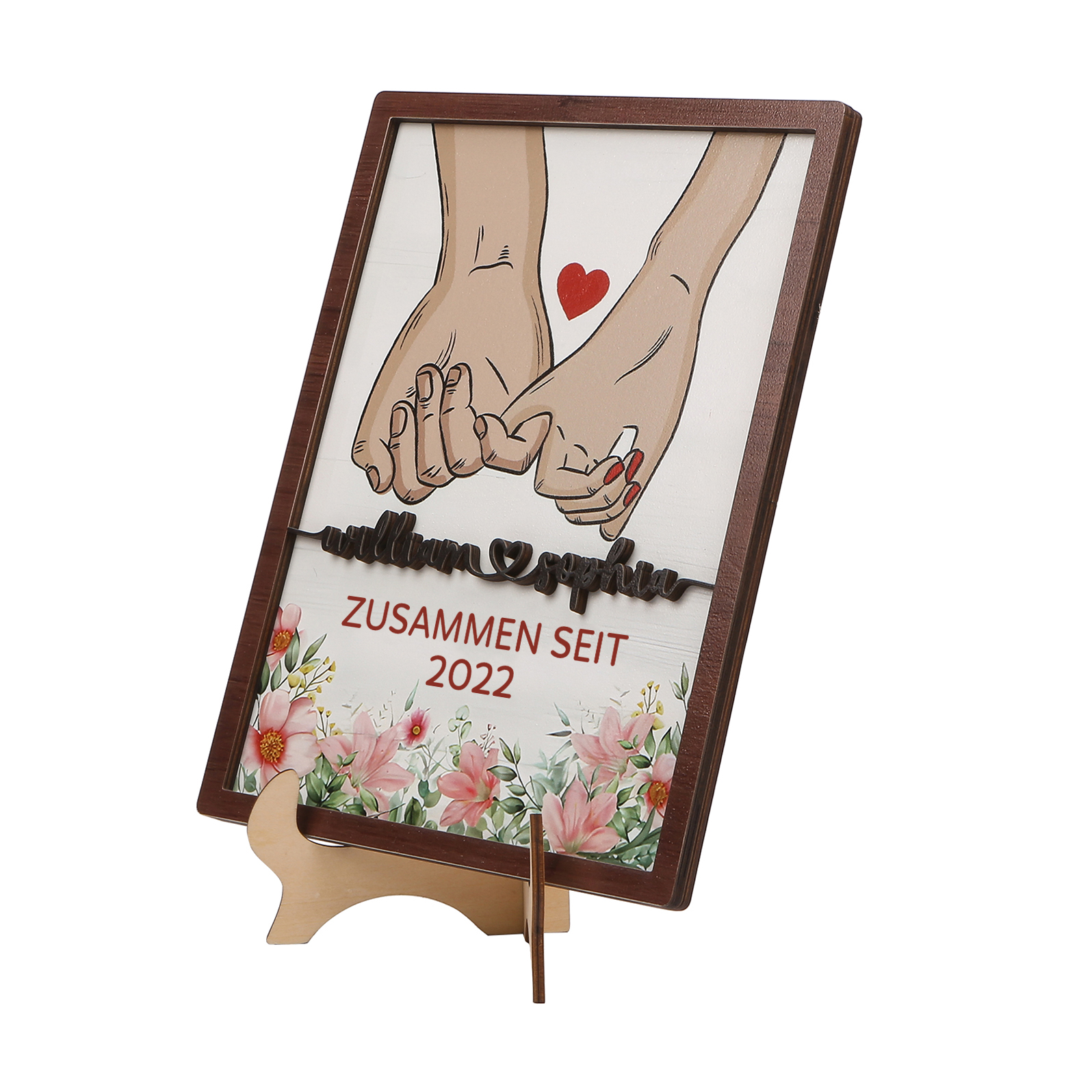  Personalisierte 2 Namen & Jahr Hand in Hand Holz-Ornament - Zusammen seit - Schreibdekoration für Paare