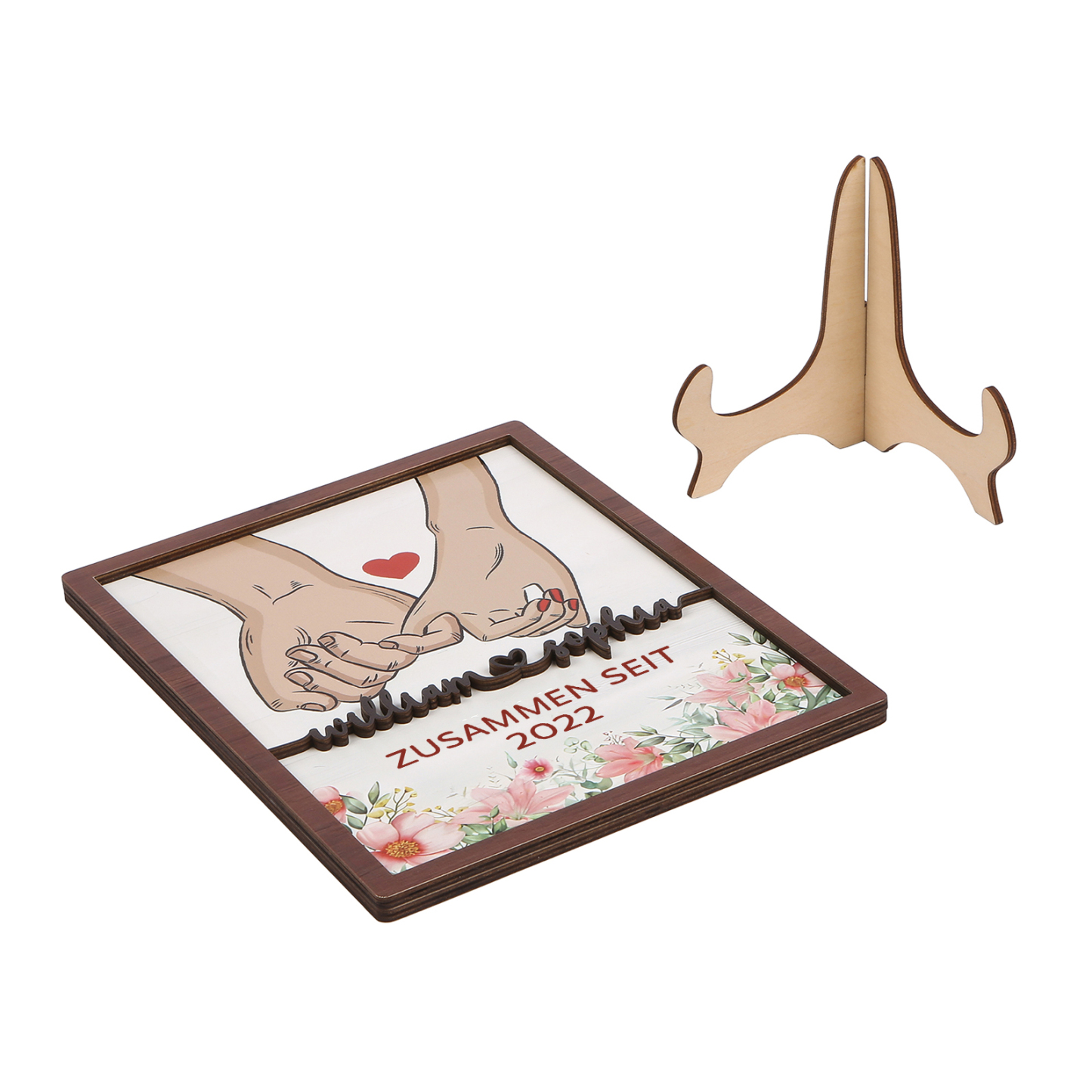 Personalisierte 2 Namen & Jahr Hand in Hand Holz-Ornament - Zusammen seit - Schreibdekoration für Paare