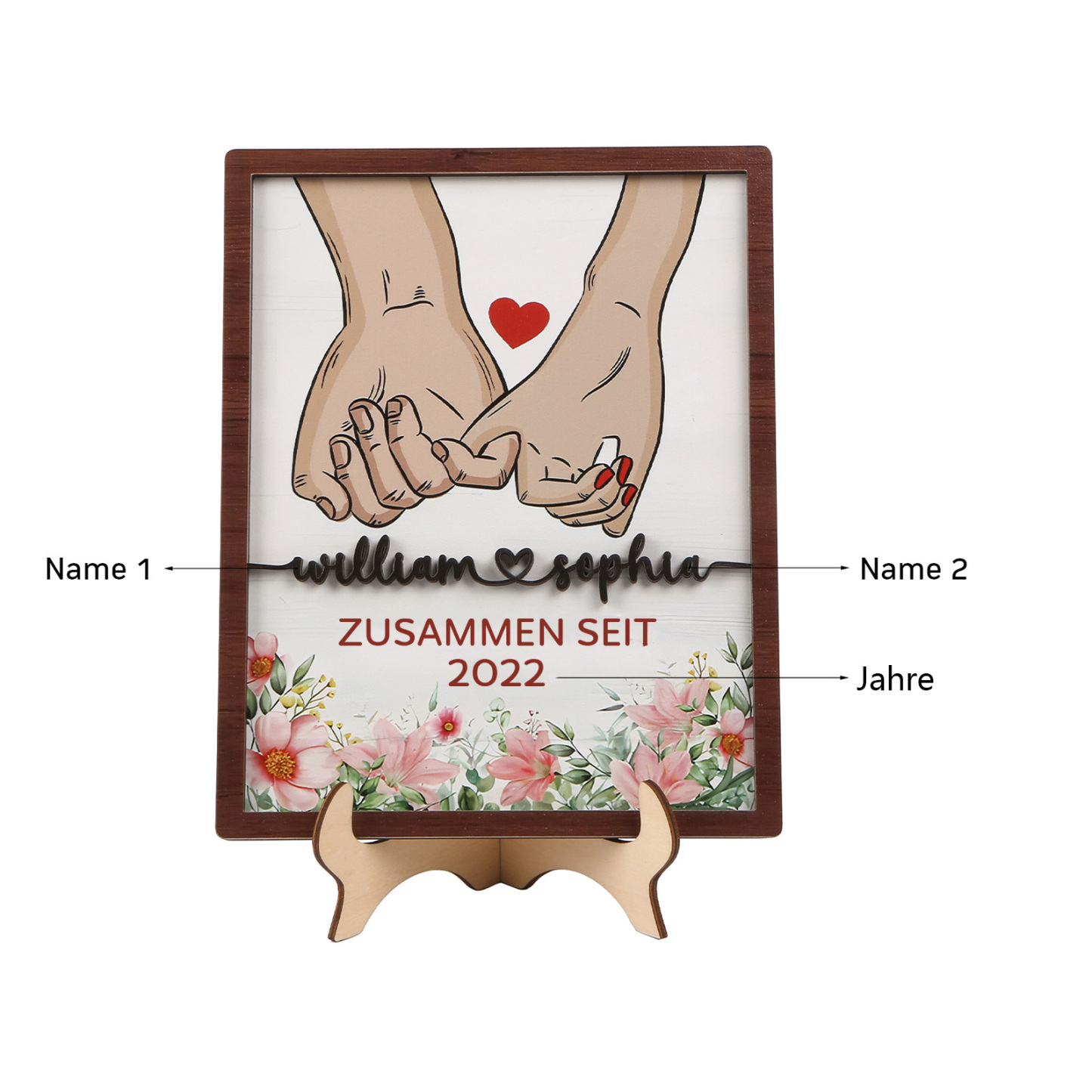 Personalisierte 2 Namen & Jahr Hand in Hand Holz-Ornament - Zusammen seit - Schreibdekoration für Paare