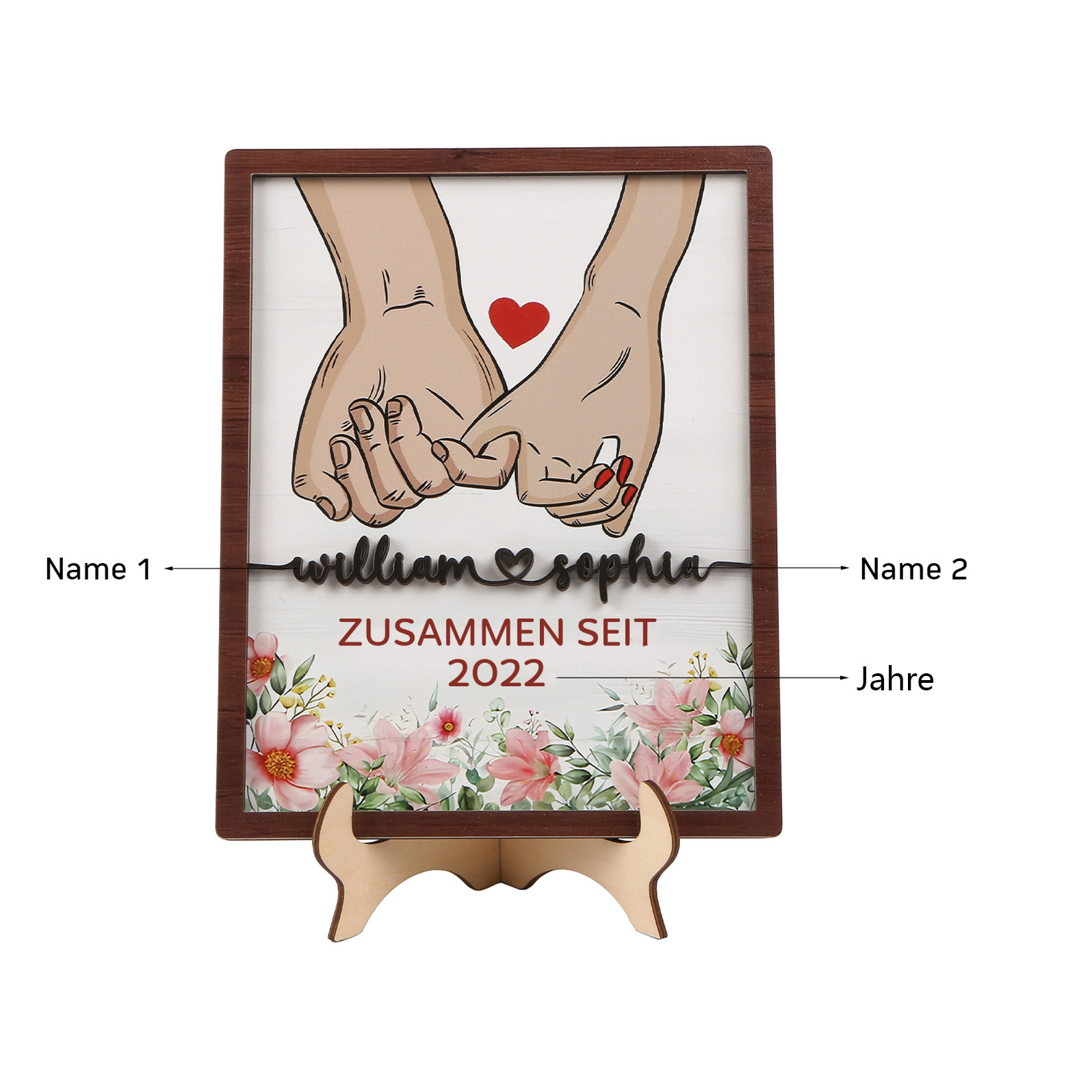 Personalisierte 2 Namen & Jahr Hand in Hand Holz-Ornament - Zusammen seit - Schreibdekoration für Paare