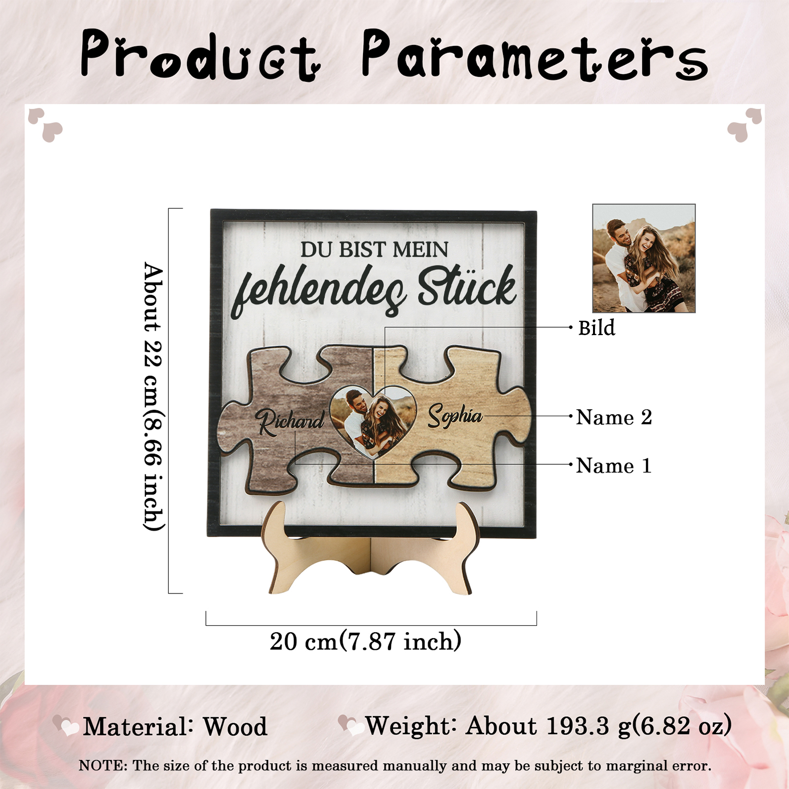 Personalisierte 2 Namen & Foto Holz-Puzzle-Ornament - Du bist mein fehlendes Stück - Schreibdekoration für Paar