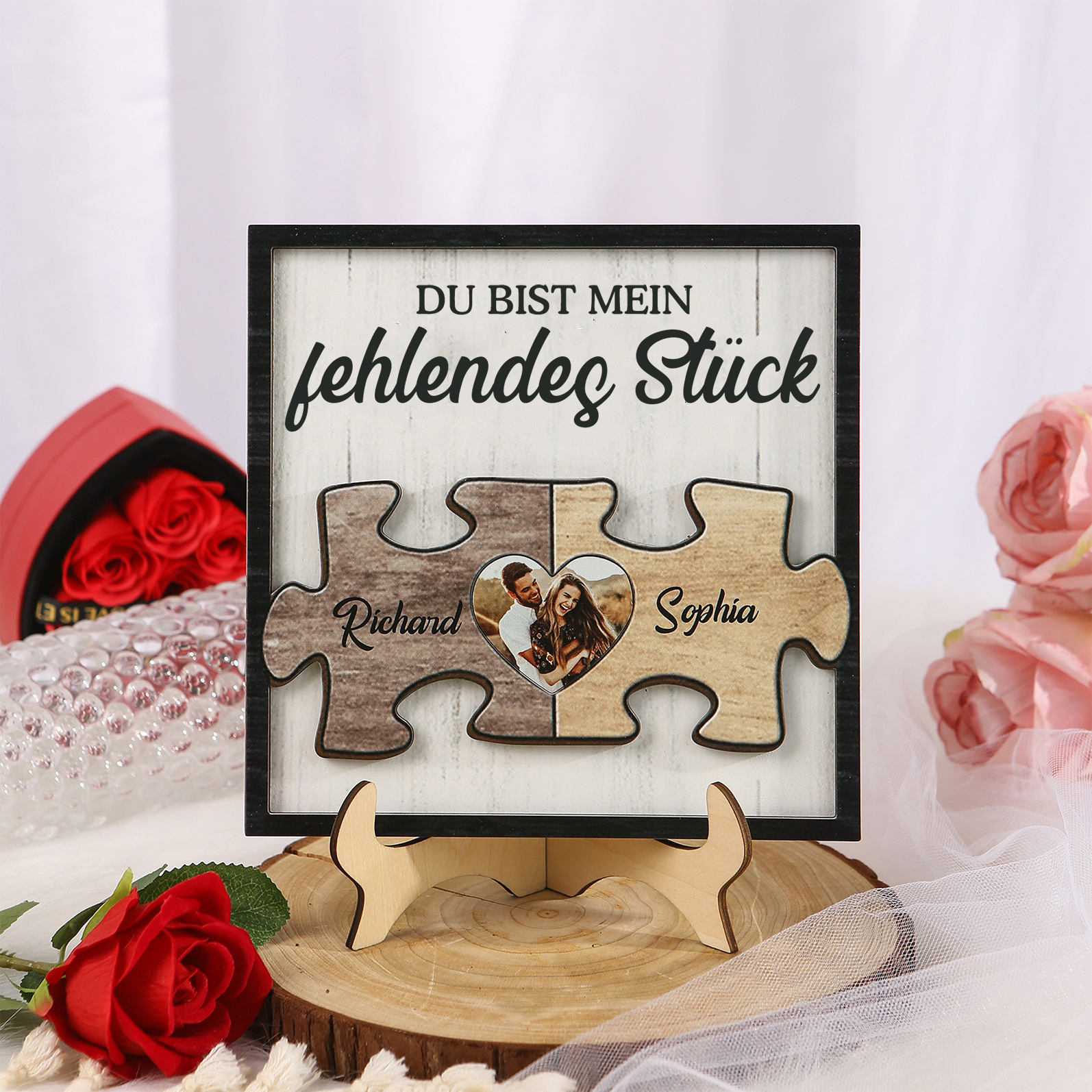 Personalisierte 2 Namen & Foto Holz-Puzzle-Ornament - Du bist mein fehlendes Stück - Schreibdekoration für Paar