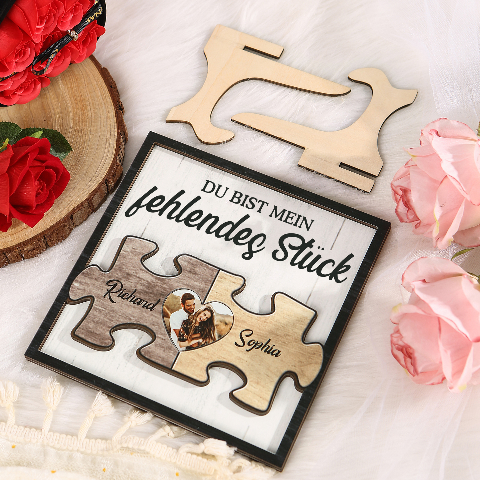 Personalisierte 2 Namen & Foto Holz-Puzzle-Ornament - Du bist mein fehlendes Stück - Schreibdekoration für Paar