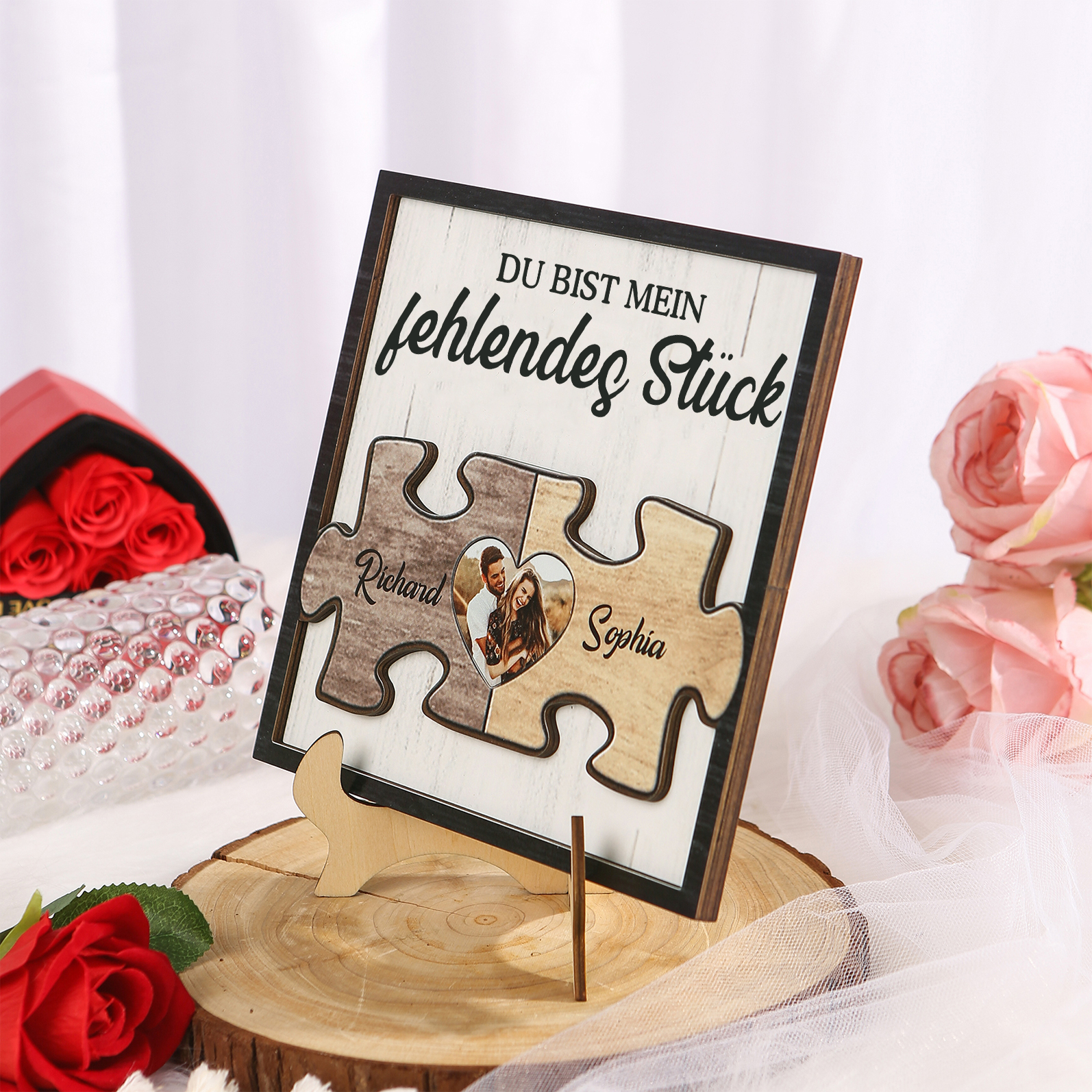 Personalisierte 2 Namen & Foto Holz-Puzzle-Ornament - Du bist mein fehlendes Stück - Schreibdekoration für Paar