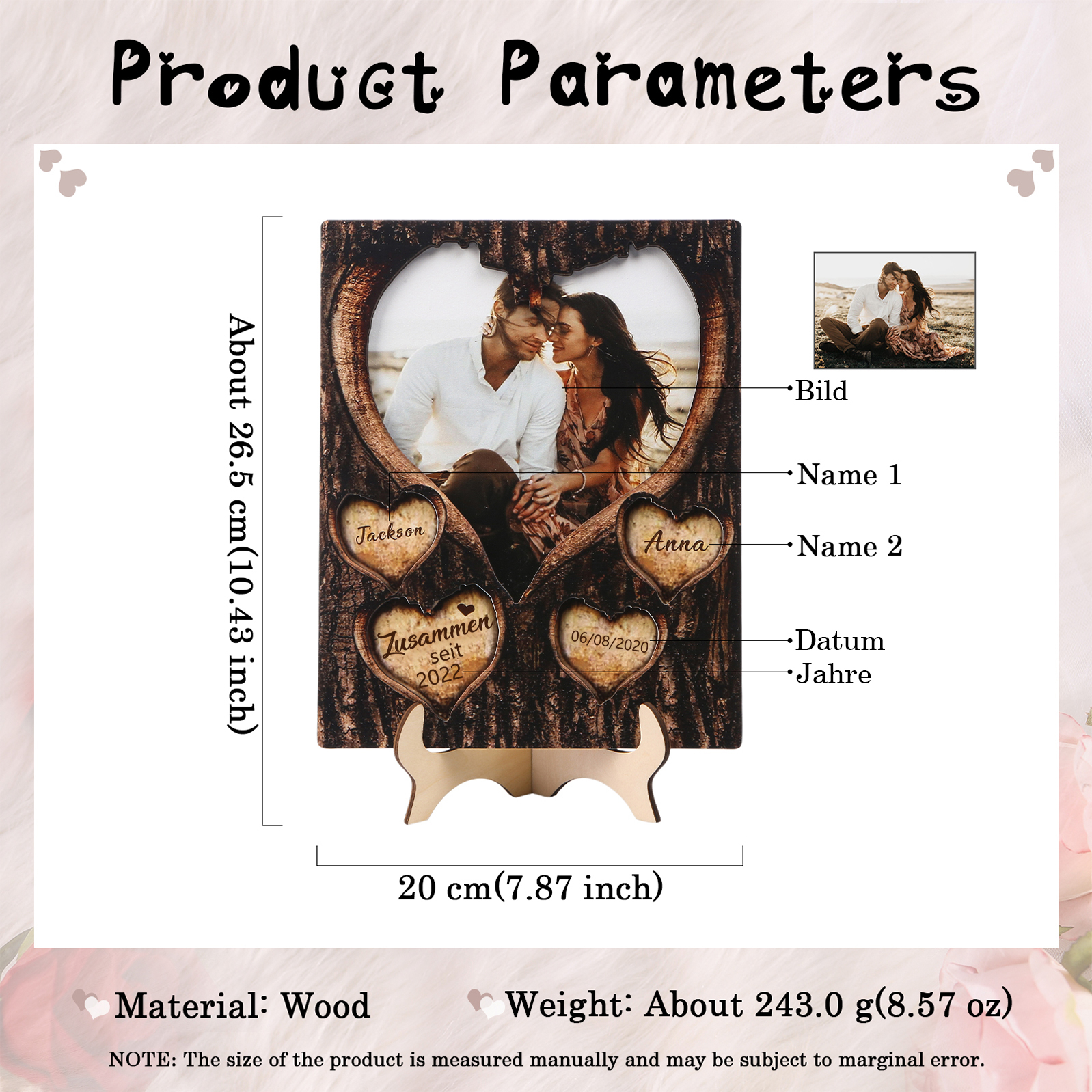 Personalisierte 2 Namen & Foto & Datum & Jahr Holz-Ornament mit Herzgravur - Zusammen seit - Liebesdekoration für Paar