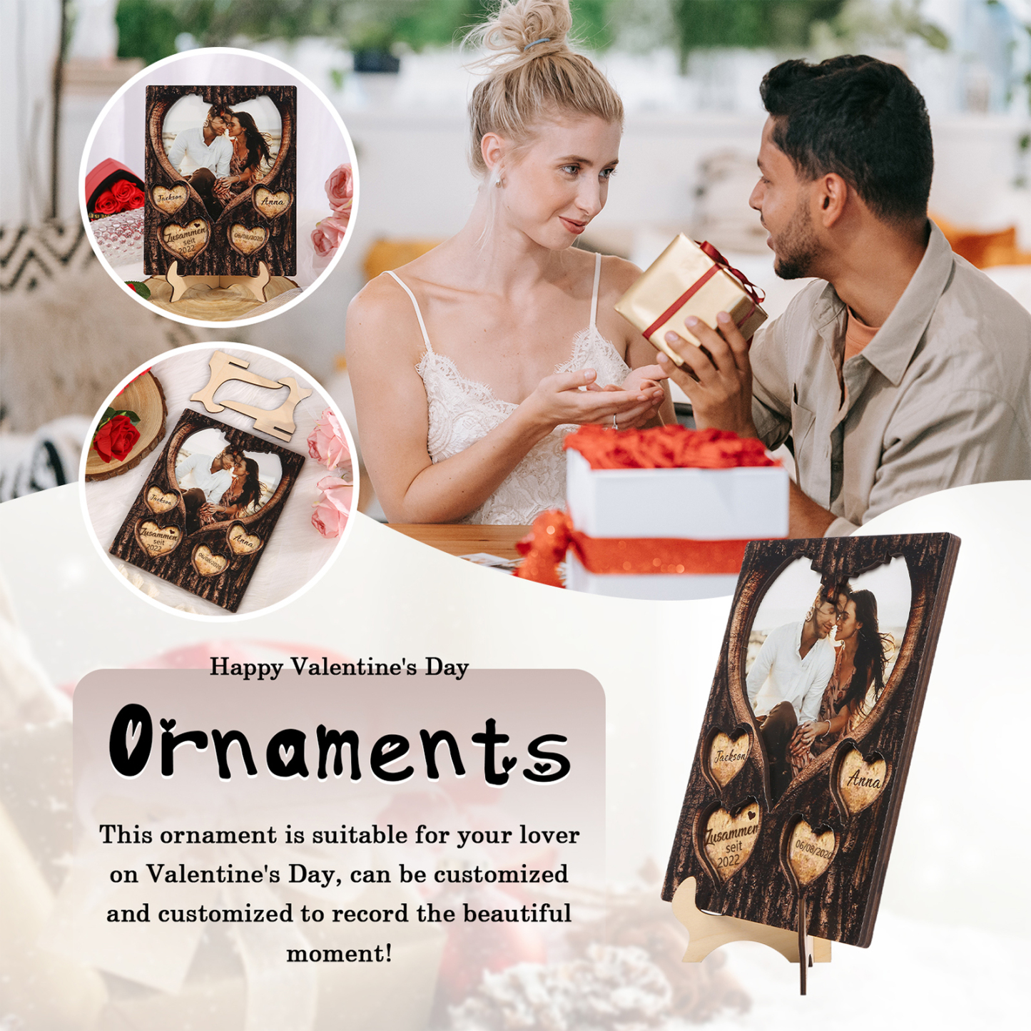 Personalisierte 2 Namen & Foto & Datum & Jahr Holz-Ornament mit Herzgravur - Zusammen seit - Liebesdekoration für Paar