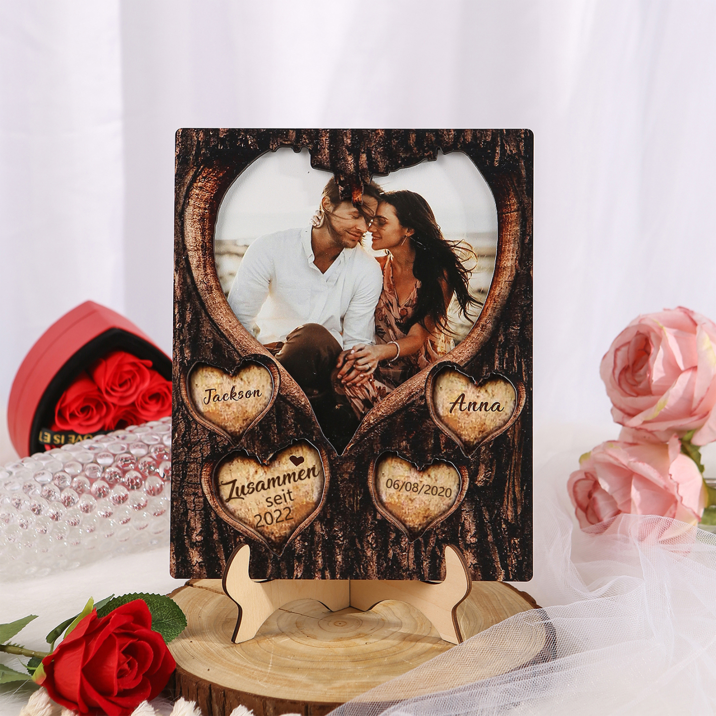 Personalisierte 2 Namen & Foto & Datum & Jahr Holz-Ornament mit Herzgravur - Zusammen seit - Liebesdekoration für Paar