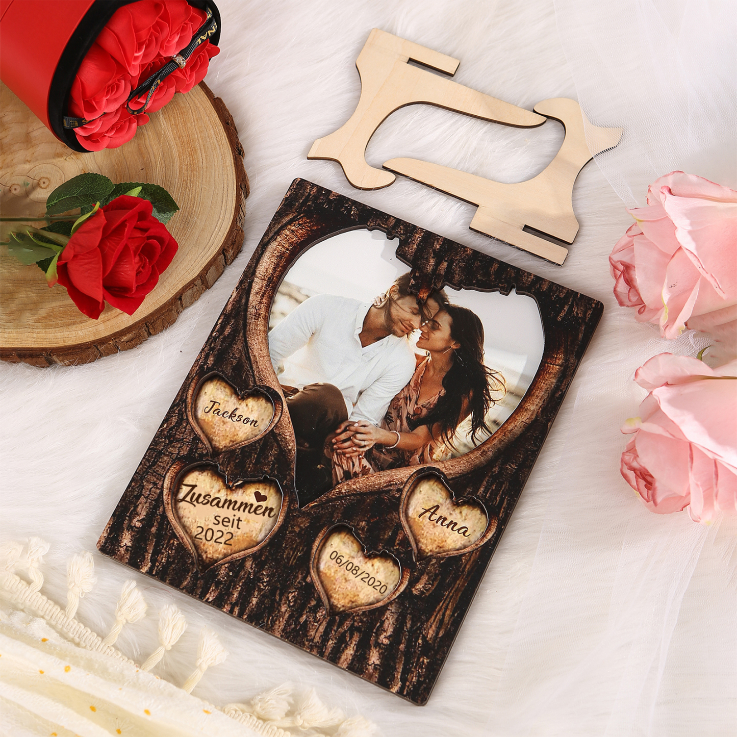 Personalisierte 2 Namen & Foto & Datum & Jahr Holz-Ornament mit Herzgravur - Zusammen seit - Liebesdekoration für Paar