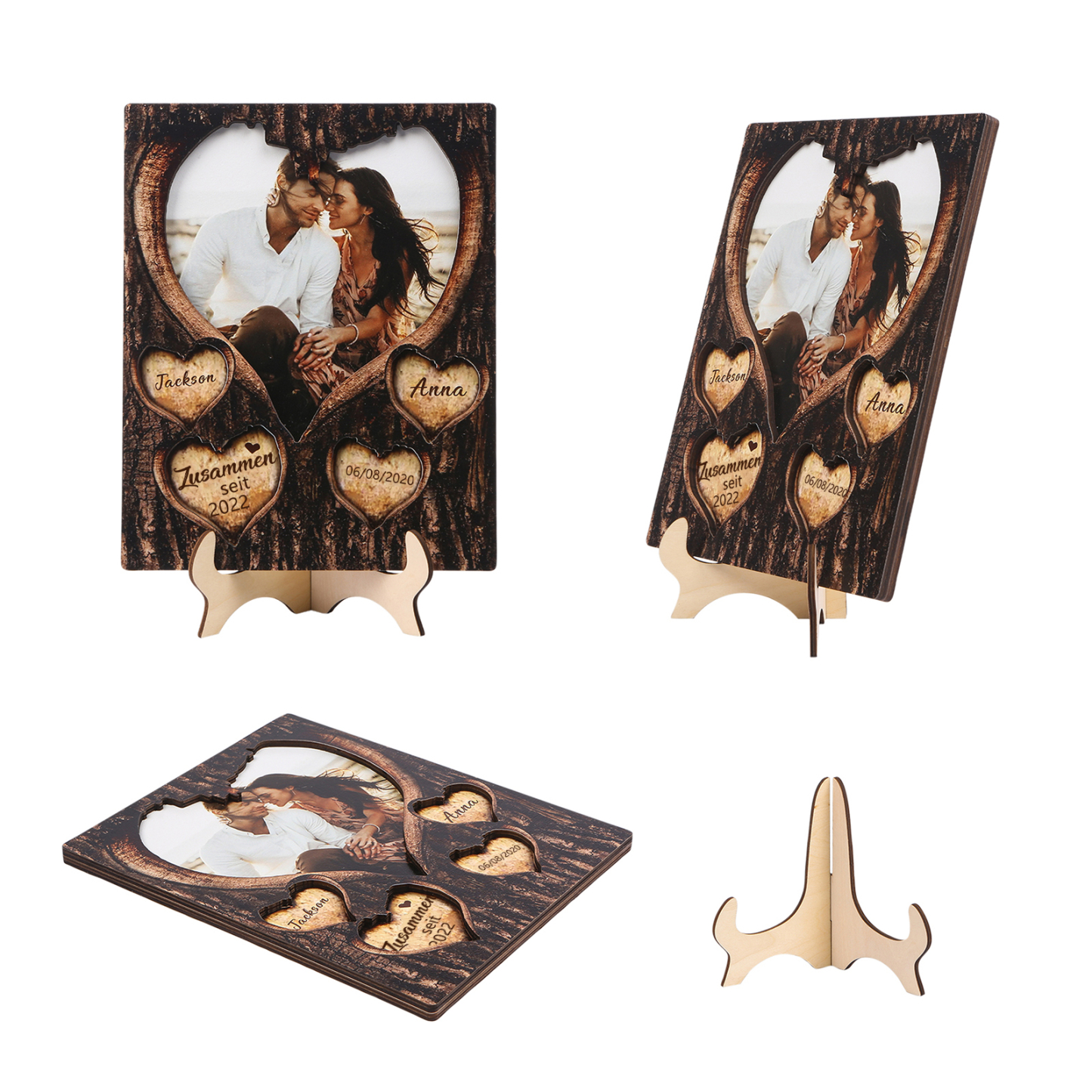 Personalisierte 2 Namen & Foto & Datum & Jahr Holz-Ornament mit Herzgravur - Zusammen seit - Liebesdekoration für Paar