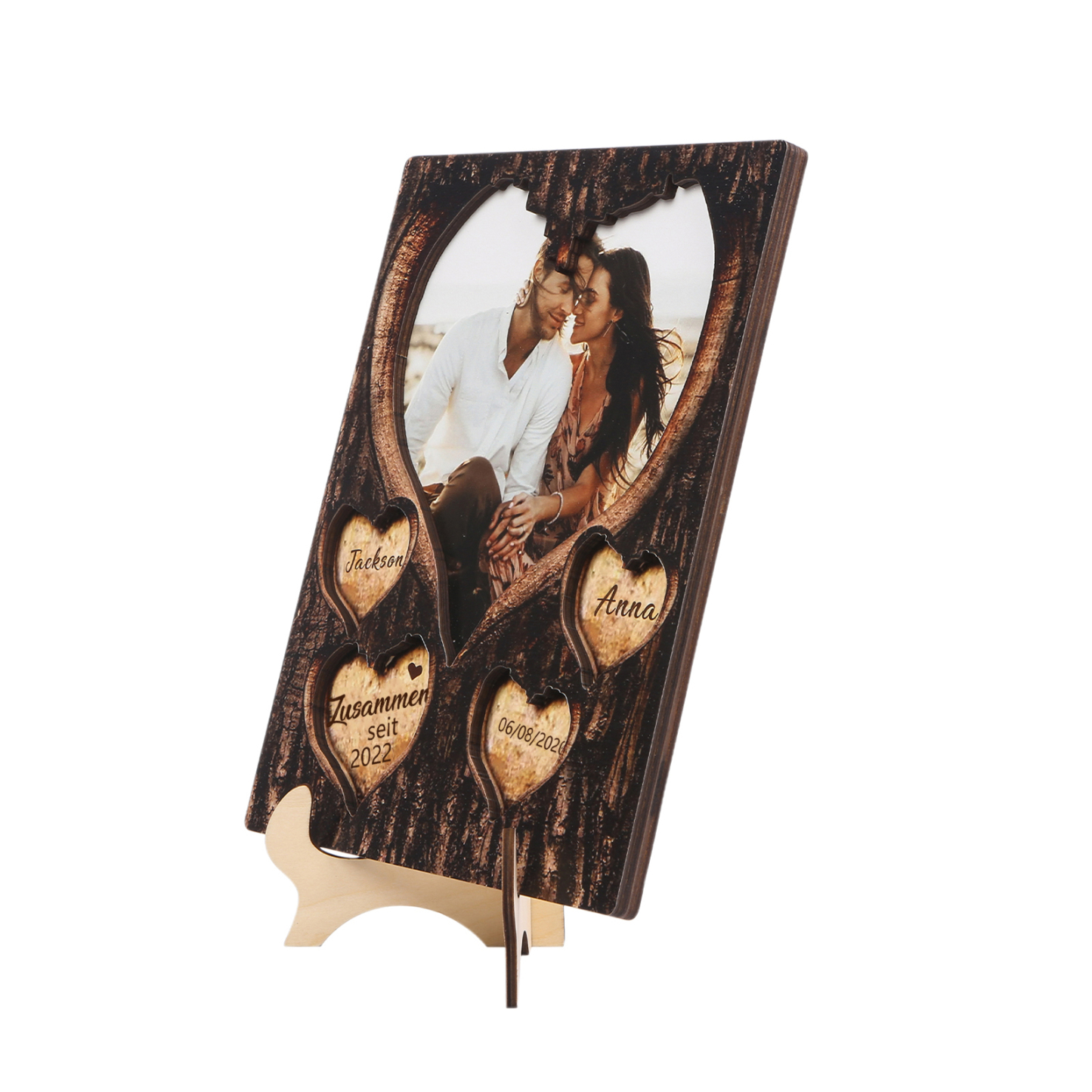 Personalisierte 2 Namen & Foto & Datum & Jahr Holz-Ornament mit Herzgravur - Zusammen seit - Liebesdekoration für Paar