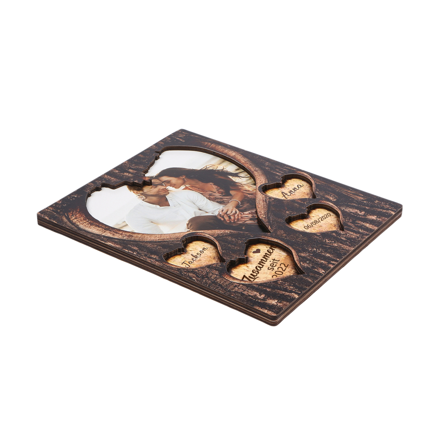 Personalisierte 2 Namen & Foto & Datum & Jahr Holz-Ornament mit Herzgravur - Zusammen seit - Liebesdekoration für Paar