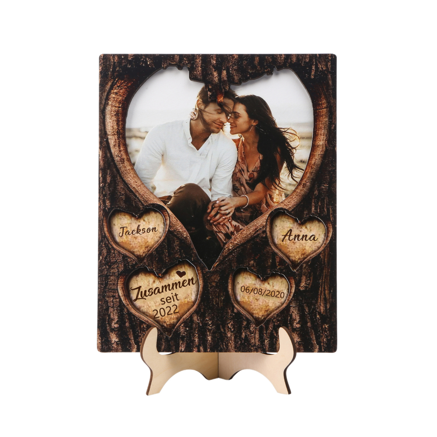 Personalisierte 2 Namen & Foto & Datum & Jahr Holz-Ornament mit Herzgravur - Zusammen seit - Liebesdekoration für Paar