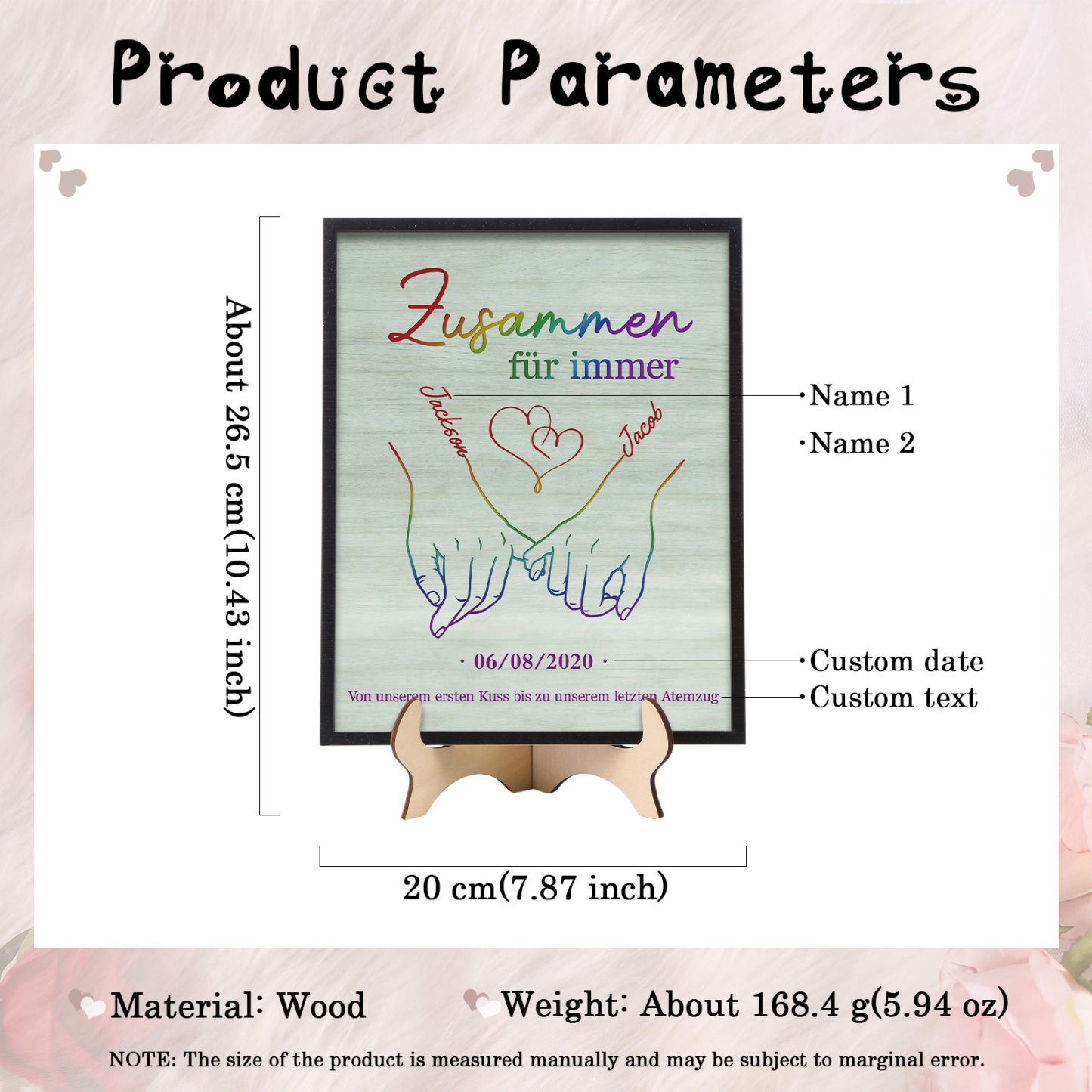 Personalisierte 2 Namen & Text & Datum Holz-Ornament - Zusammen für immer - Hand in Hand Liebesdekoration für Paar
