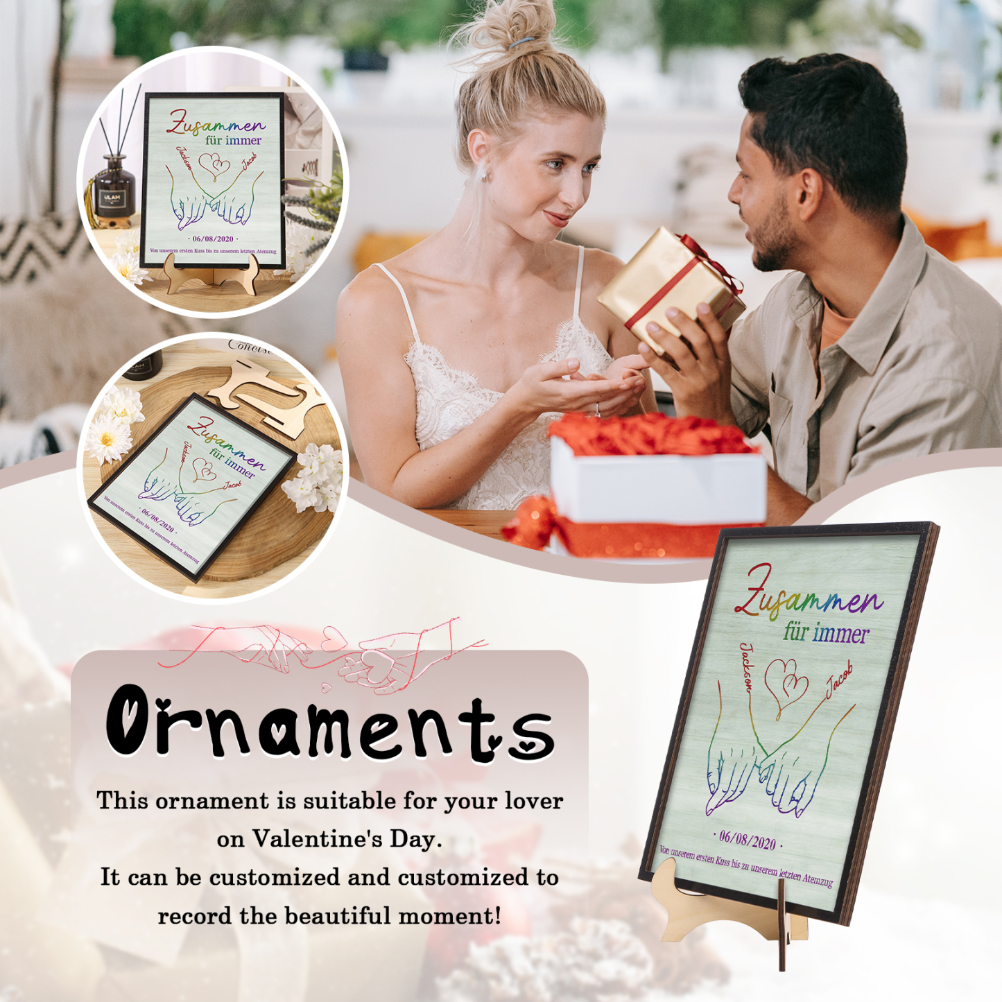 Personalisierte 2 Namen & Text & Datum Holz-Ornament - Zusammen für immer - Hand in Hand Liebesdekoration für Paar