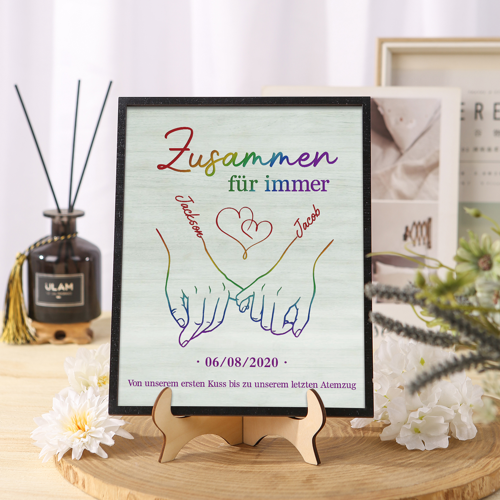 Personalisierte 2 Namen & Text & Datum Holz-Ornament - Zusammen für immer - Hand in Hand Liebesdekoration für Paar
