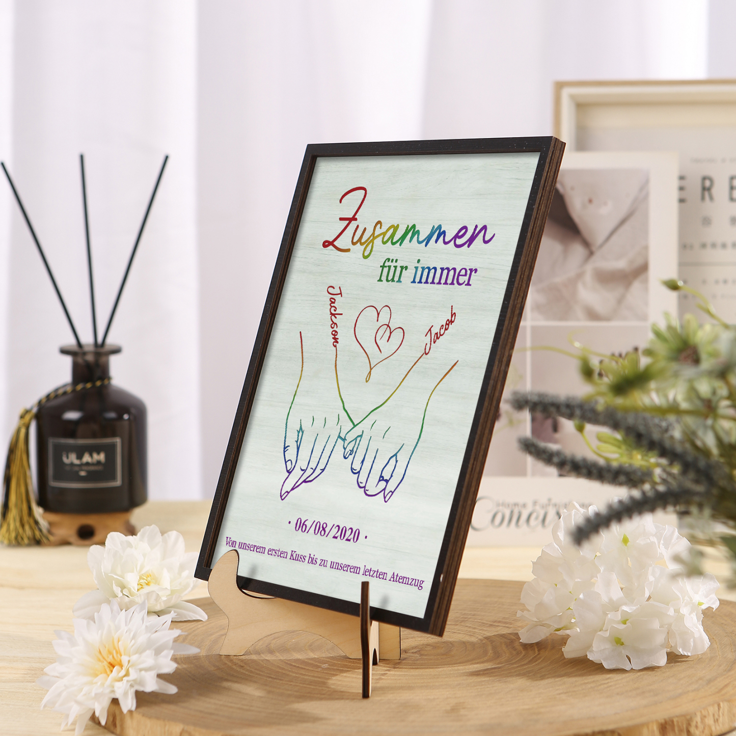 Personalisierte 2 Namen & Text & Datum Holz-Ornament - Zusammen für immer - Hand in Hand Liebesdekoration für Paar