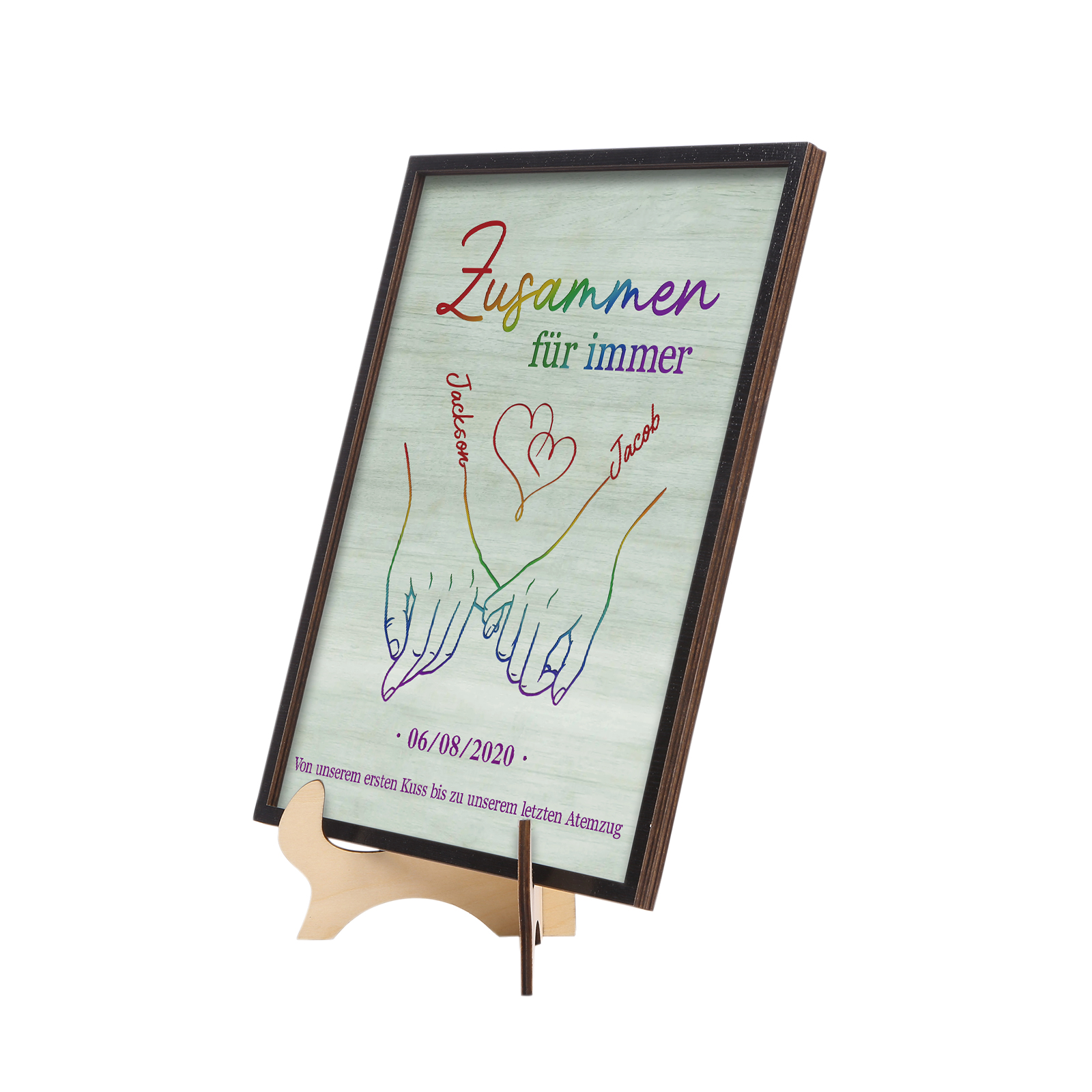 Personalisierte 2 Namen & Text & Datum Holz-Ornament - Zusammen für immer - Hand in Hand Liebesdekoration für Paar