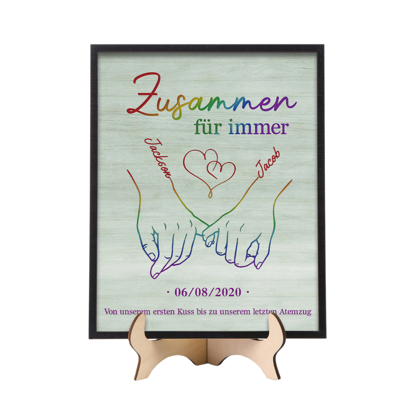 Personalisierte 2 Namen & Text & Datum Holz-Ornament - Zusammen für immer - Hand in Hand Liebesdekoration für Paar