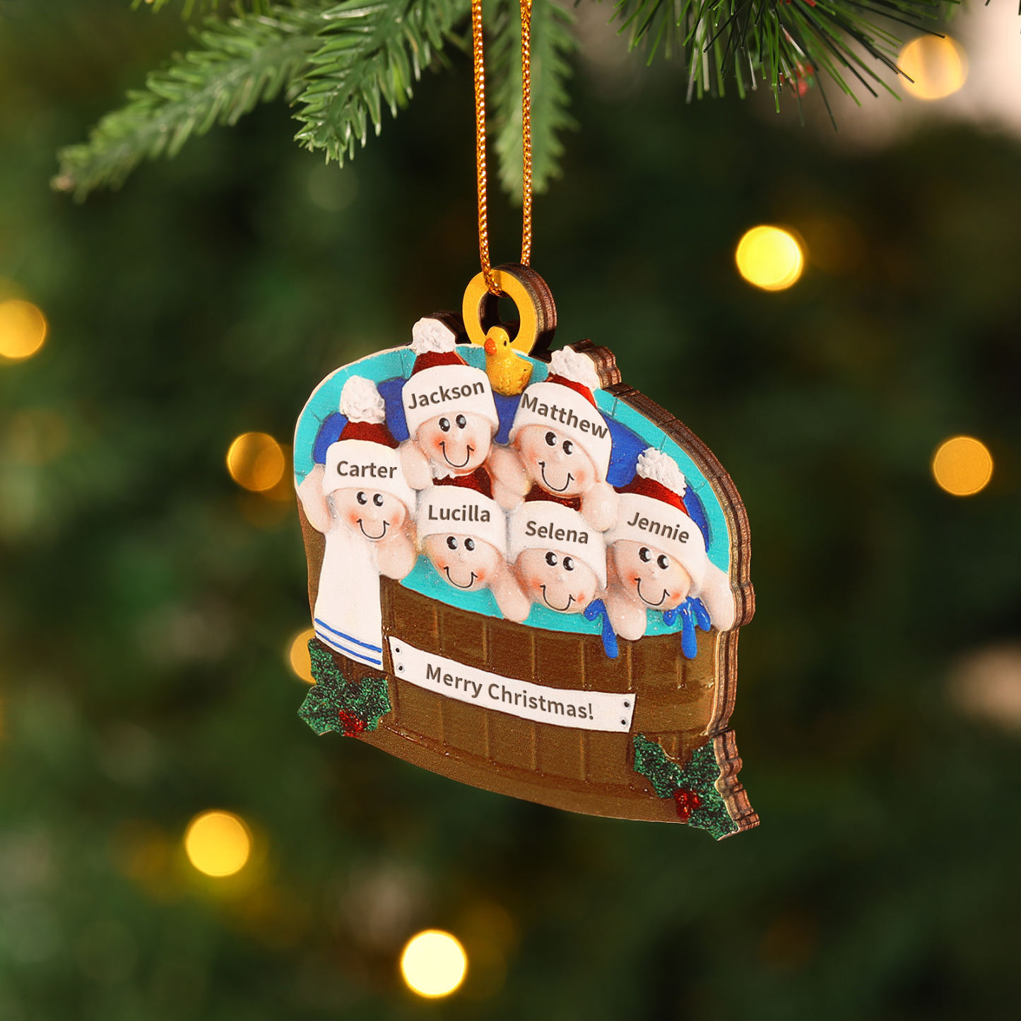 Personalisierter 2-6 Namen & Text Weihnachtsornament – Holzanhänger im Whirlpool Design