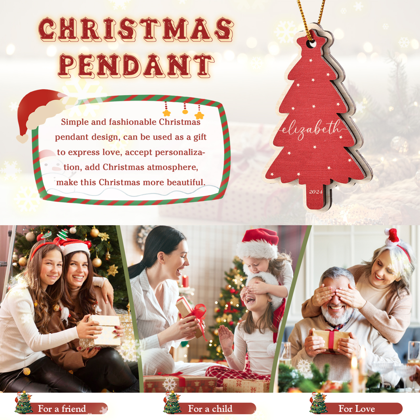 Holz Weihnachtsornament-Personalisierte 1-6 Namen & Jahr Rot & Braun Weihnachtsbaum Holzanhänger